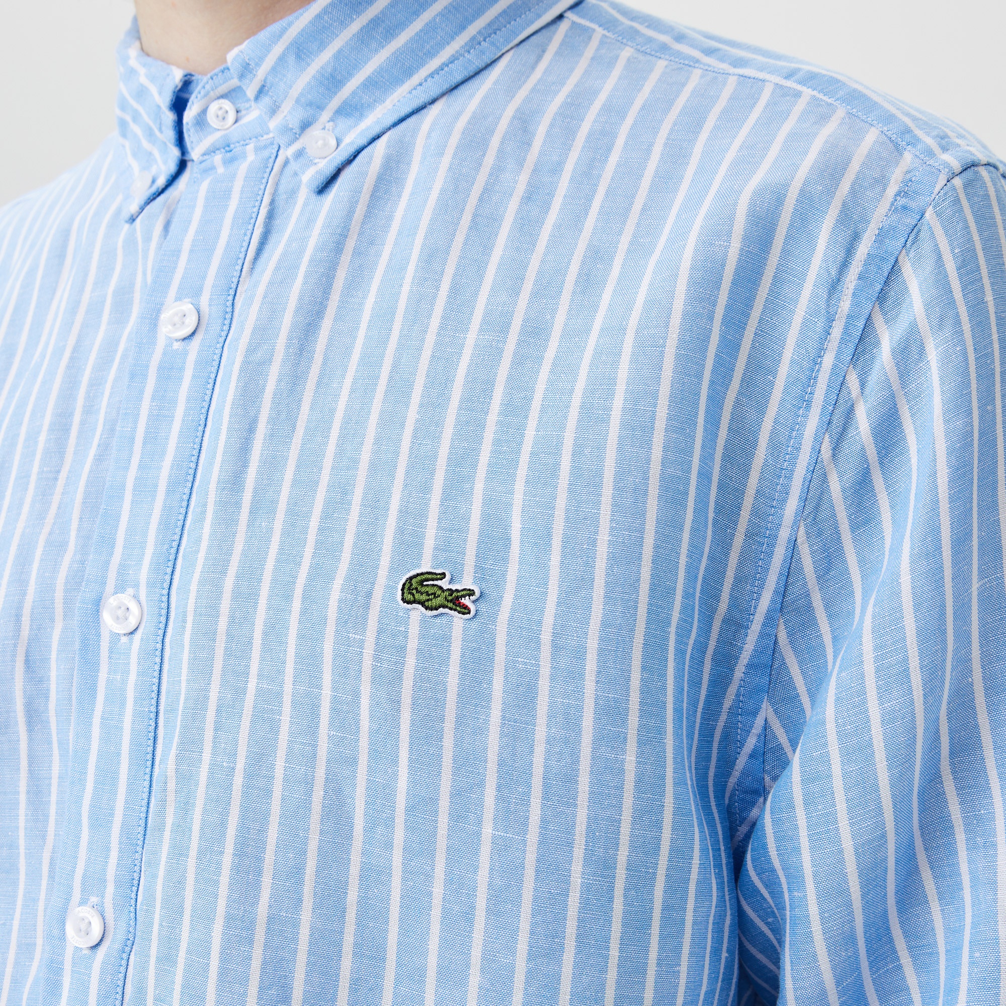 Lacoste Erkek Regular Fit Düğmeli Yaka Çizgili Mavi Gömlek