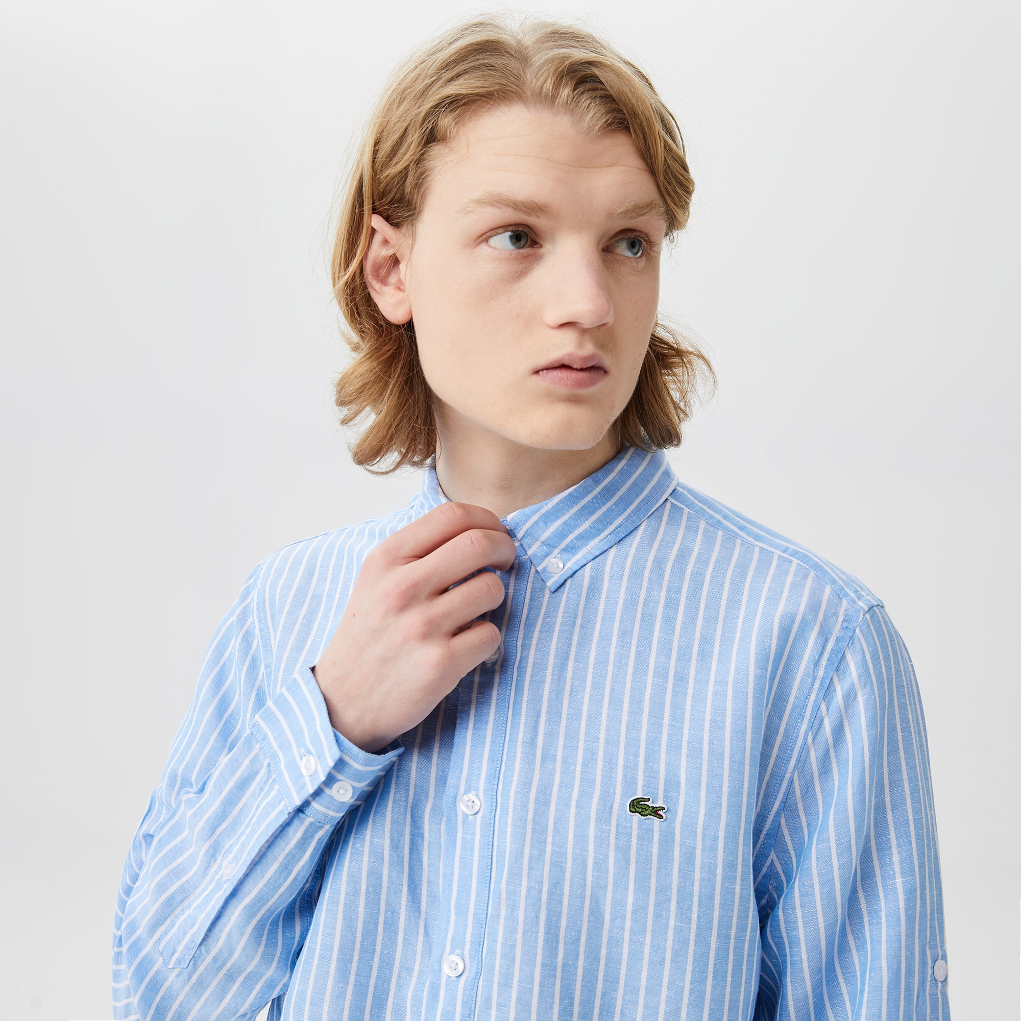 Lacoste Erkek Regular Fit Düğmeli Yaka Çizgili Mavi Gömlek