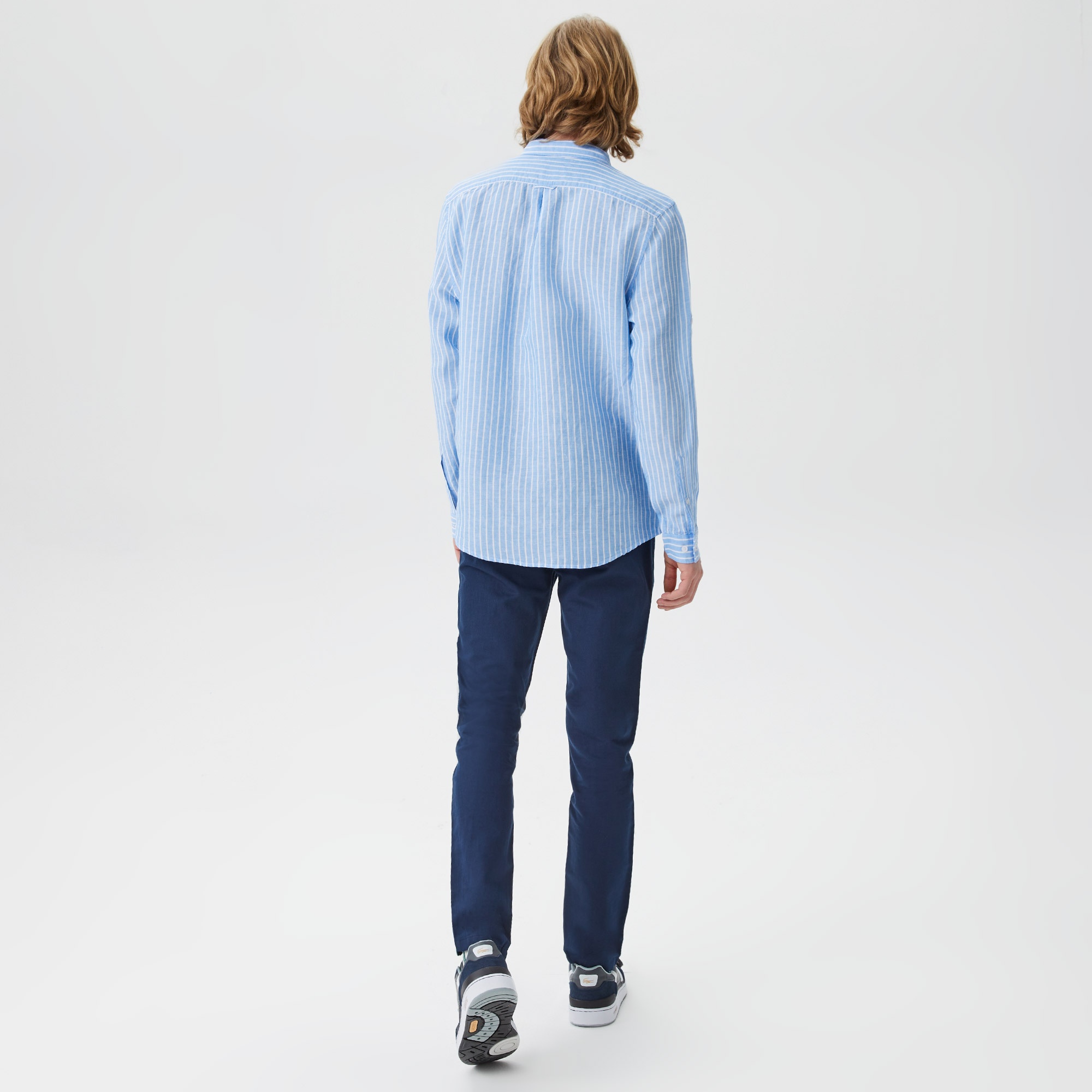 Lacoste Erkek Regular Fit Düğmeli Yaka Çizgili Mavi Gömlek