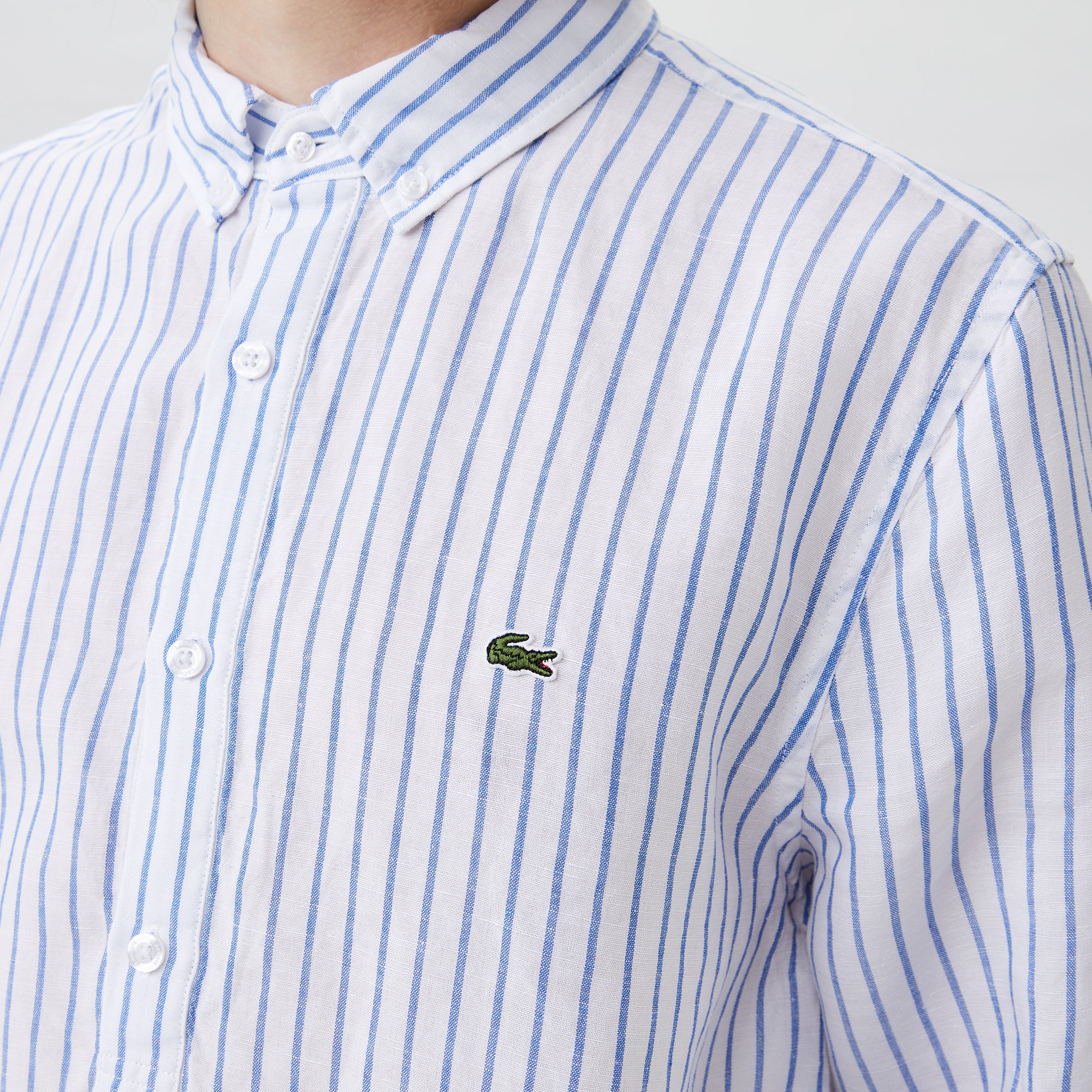 Lacoste Erkek Regular Fit Düğmeli Yaka Çizgili Beyaz Gömlek