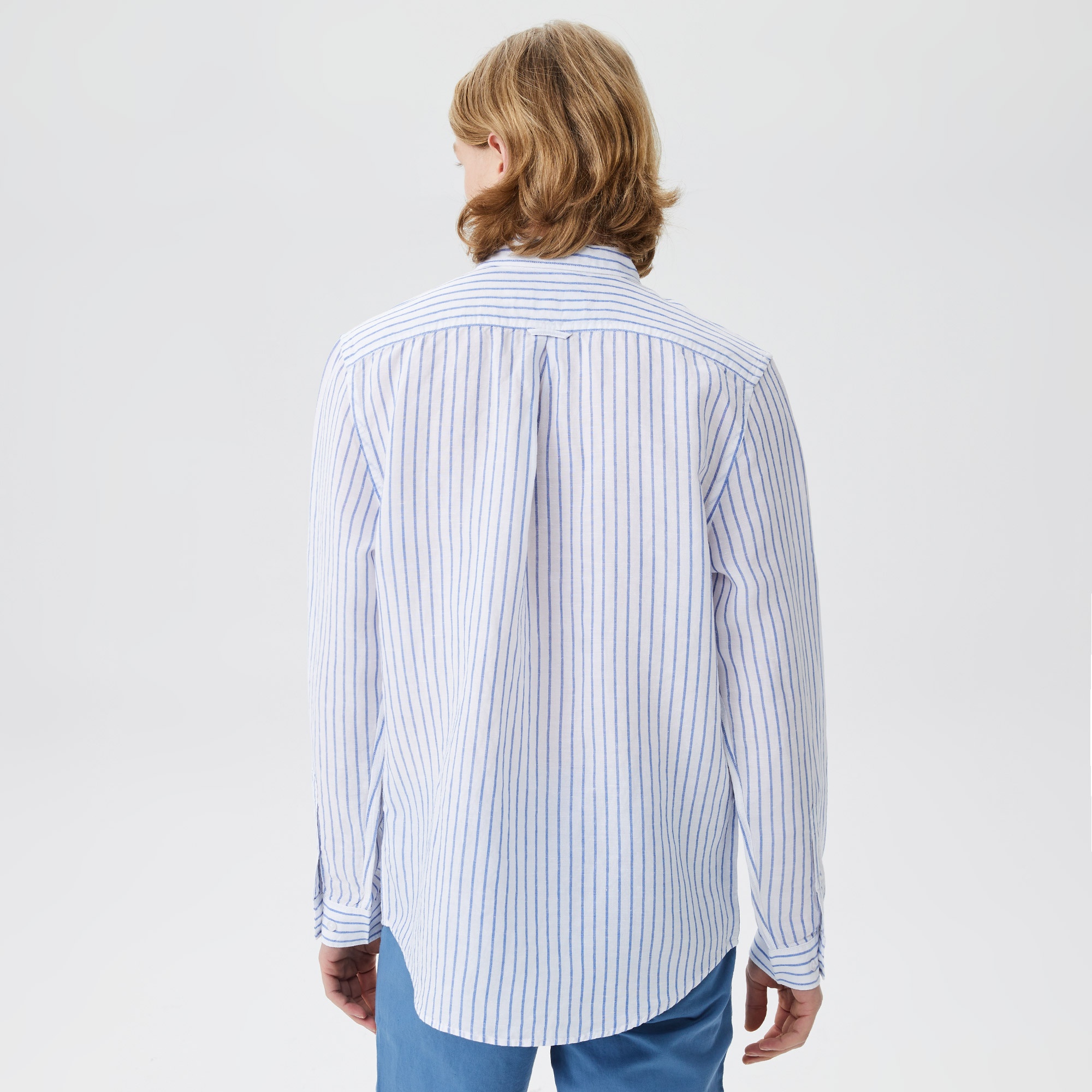 Lacoste Erkek Regular Fit Düğmeli Yaka Çizgili Beyaz Gömlek