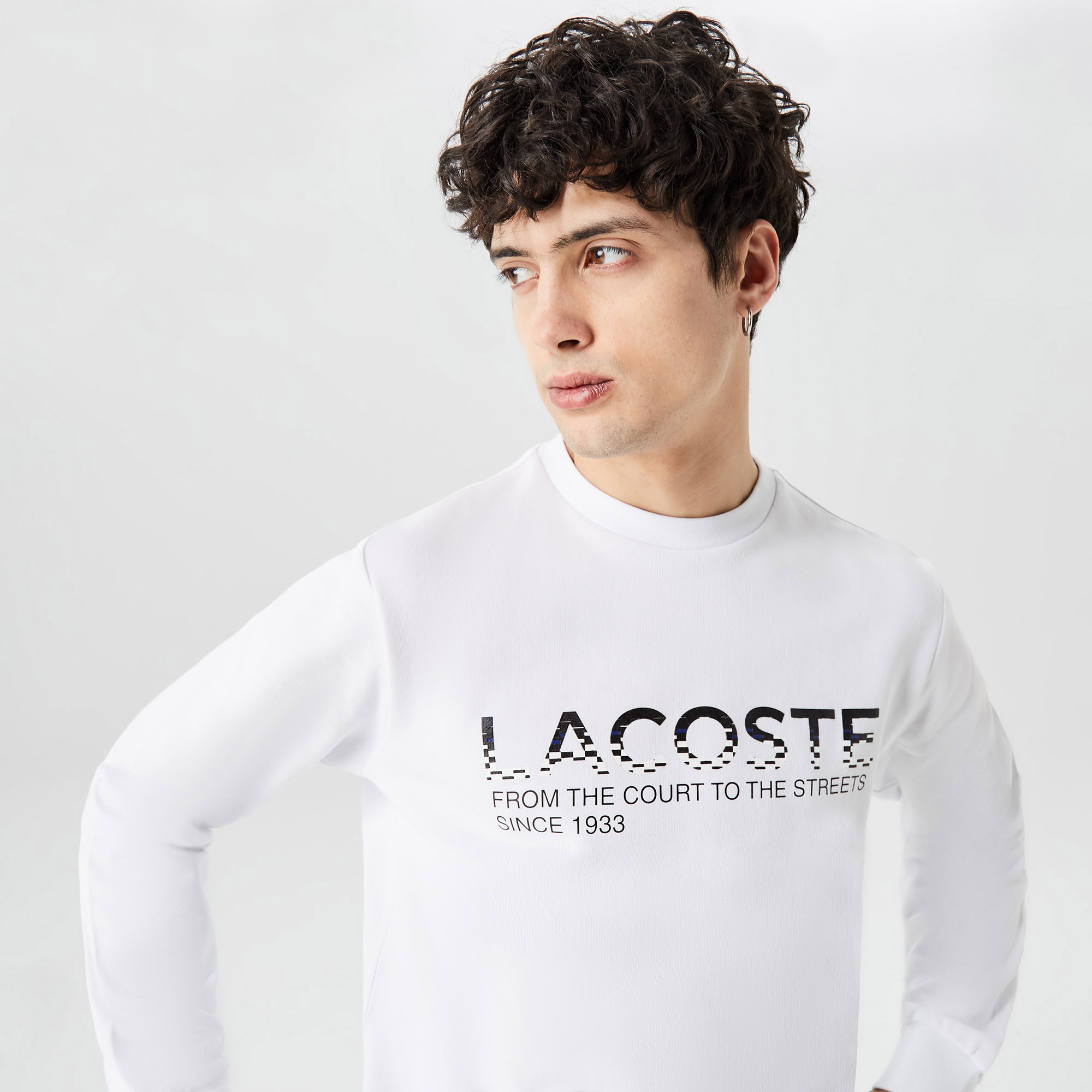 Lacoste Erkek Classic Fit Bisiklet Yaka Baskılı Beyaz Sweatshirt