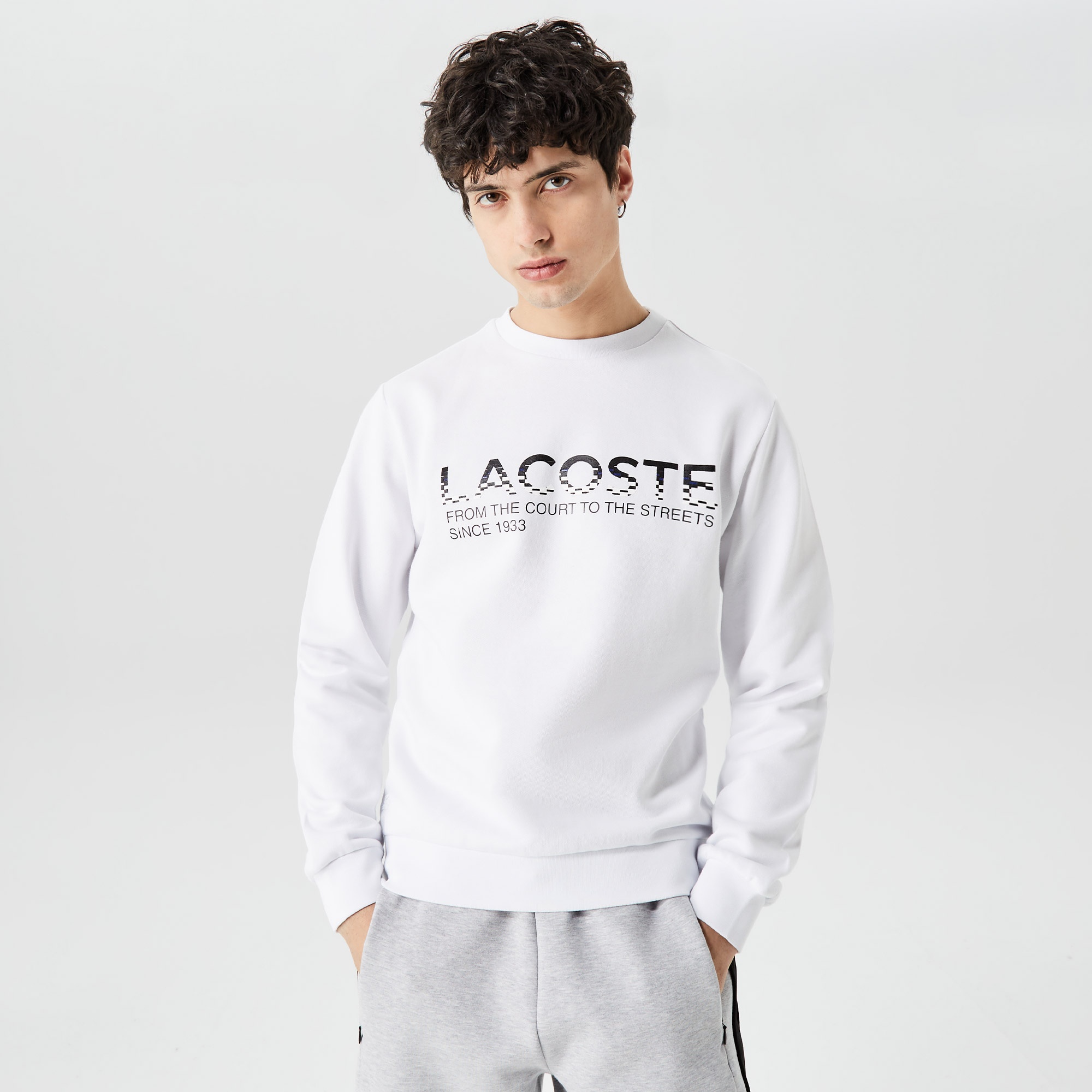 Lacoste Erkek Classic Fit Bisiklet Yaka Baskılı Beyaz Sweatshirt
