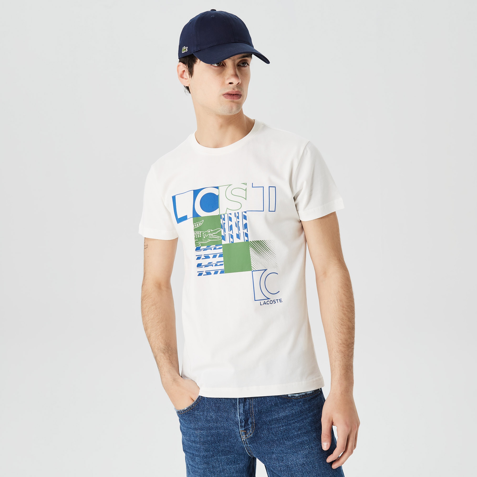 Lacoste Erkek Slim Fit Bisiklet Yaka Baskılı Beyaz T-Shirt