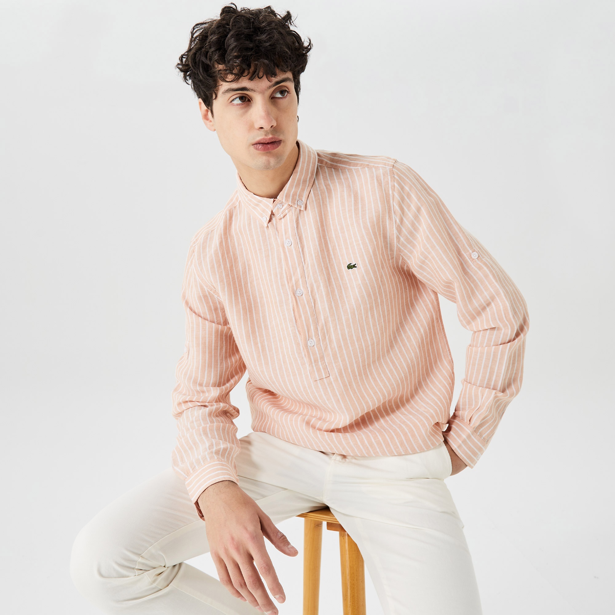 Lacoste Erkek Regular Fit Düğmeli Yaka Çizgili Pembe Gömlek