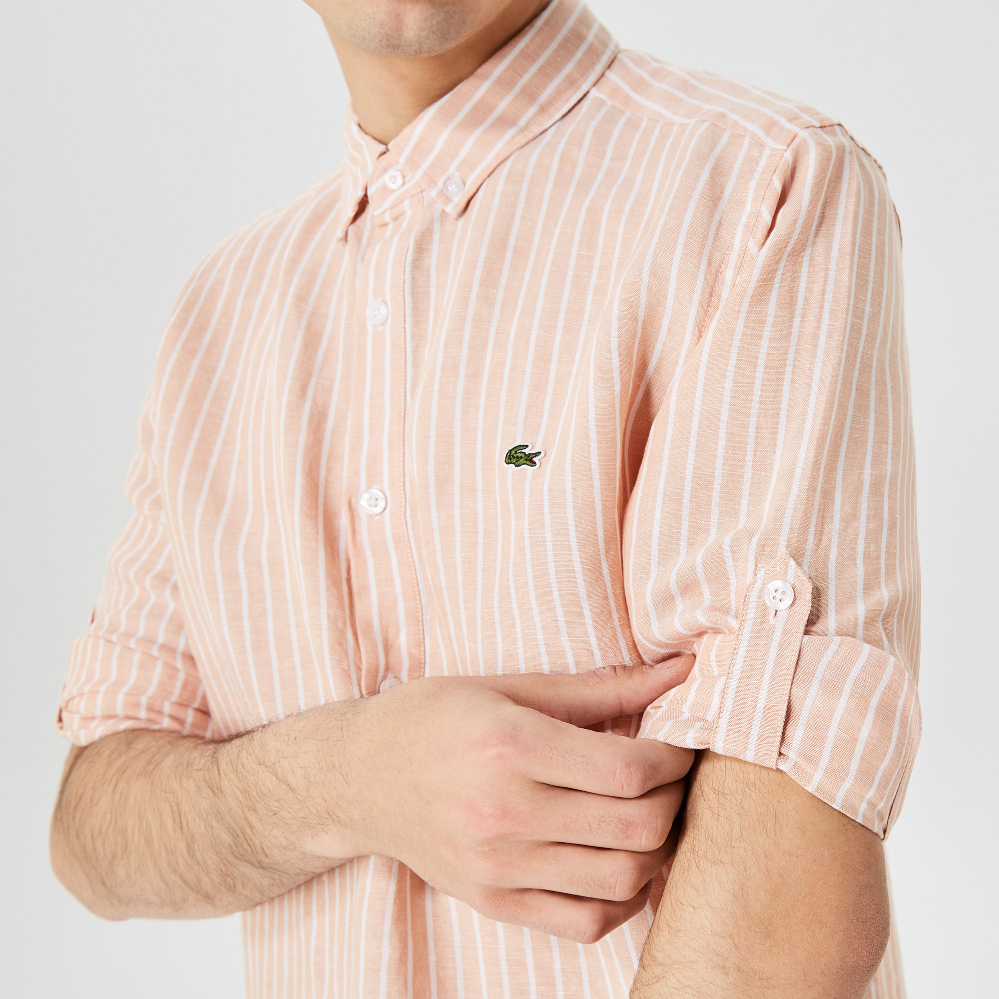 Lacoste Erkek Regular Fit Düğmeli Yaka Çizgili Pembe Gömlek