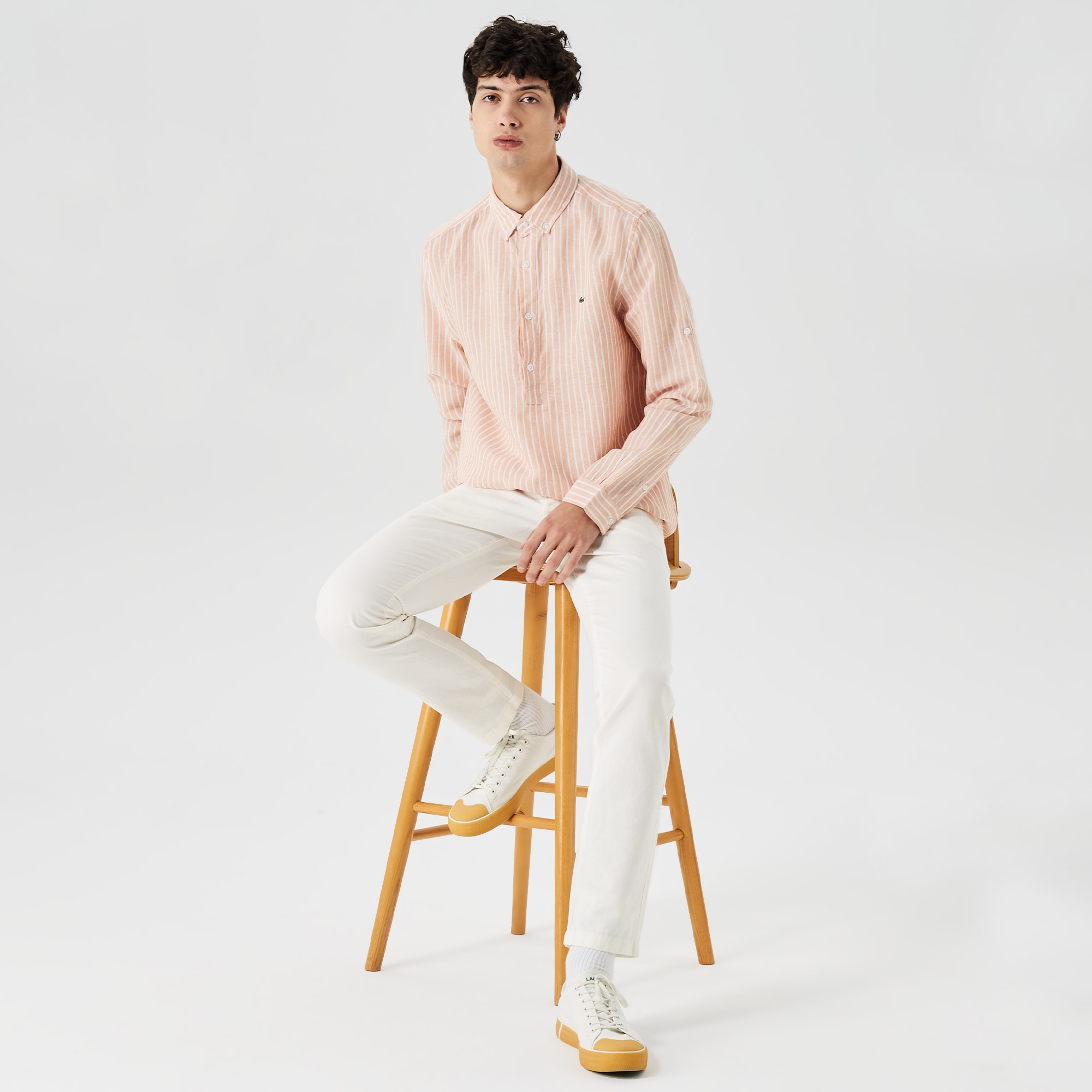 Lacoste Erkek Regular Fit Düğmeli Yaka Çizgili Pembe Gömlek