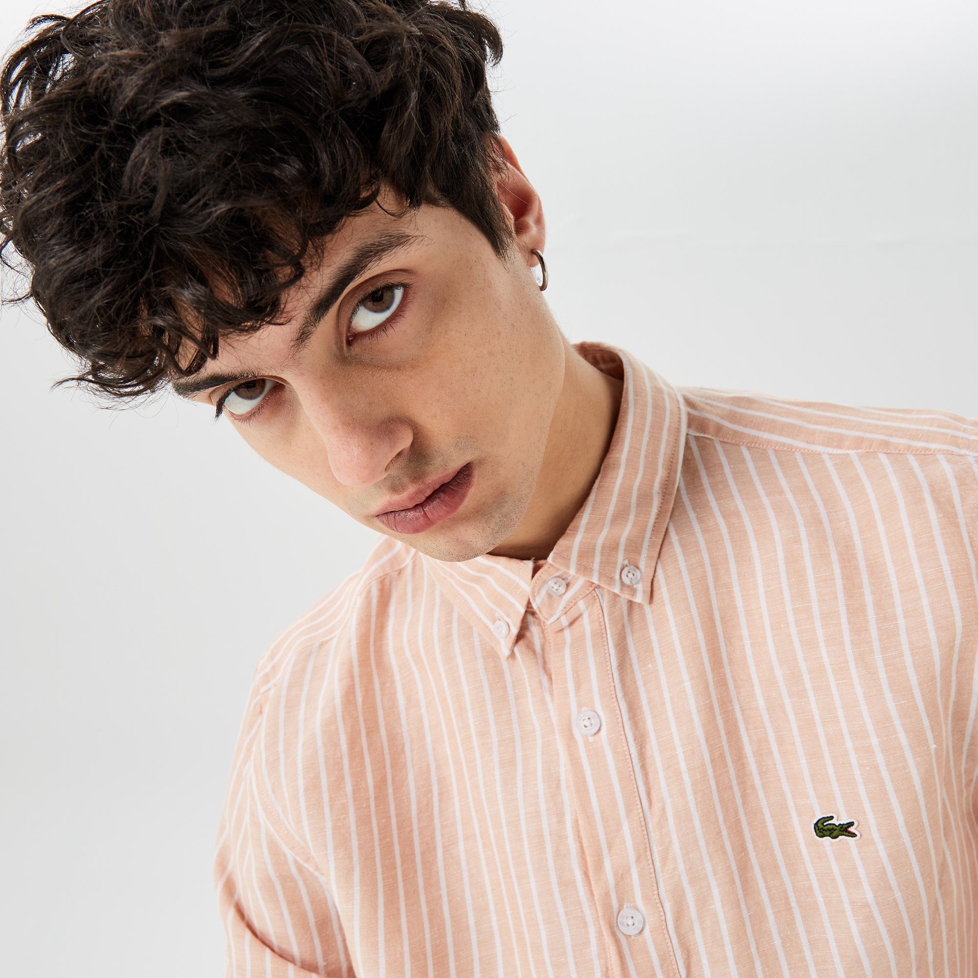 Lacoste Erkek Regular Fit Düğmeli Yaka Çizgili Pembe Gömlek