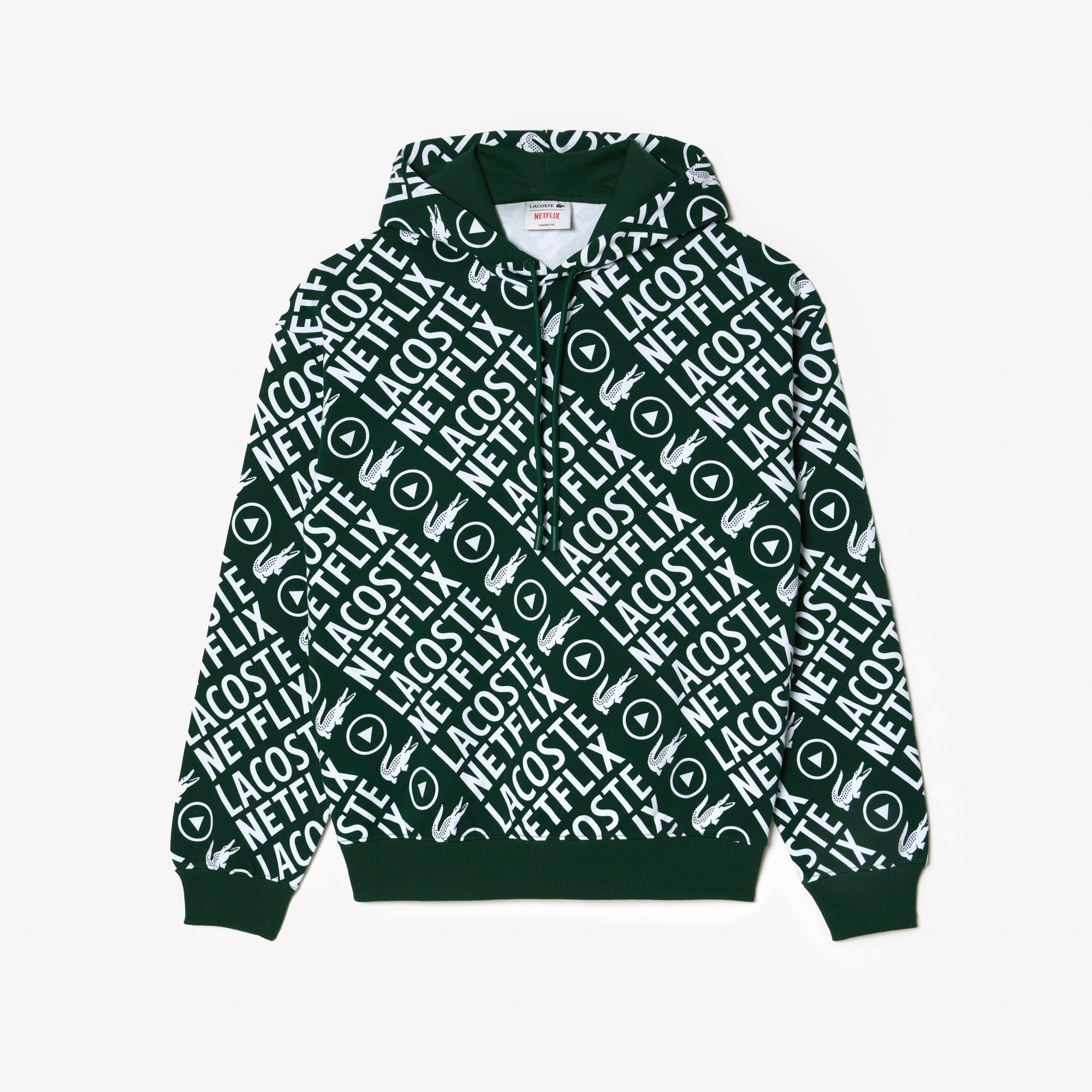 Lacoste x Netflix Erkek Loose Fit Kapüşonlu Baskılı Yeşil Sweatshirt