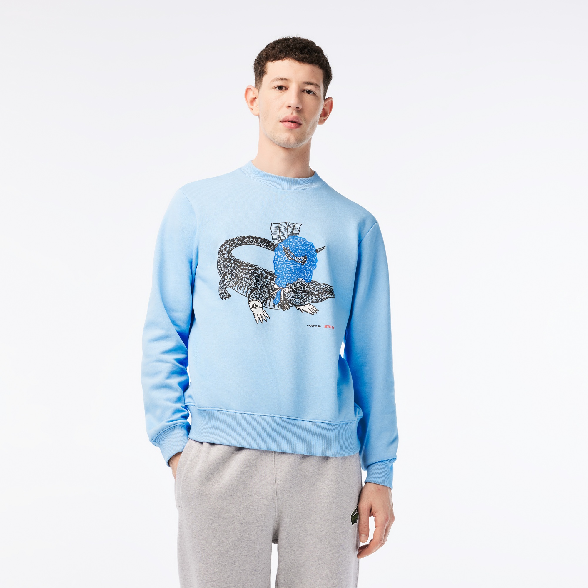 Lacoste x Netflix Erkek Regular Fit Bisiklet Yaka Baskılı Açık Mavi Sweatshirt