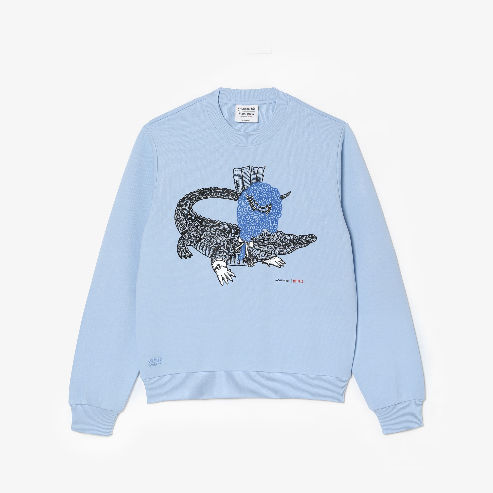 Lacoste x Netflix Kadın Loose Fit Bisiklet Yaka Baskılı Açık Mavi Sweatshirt