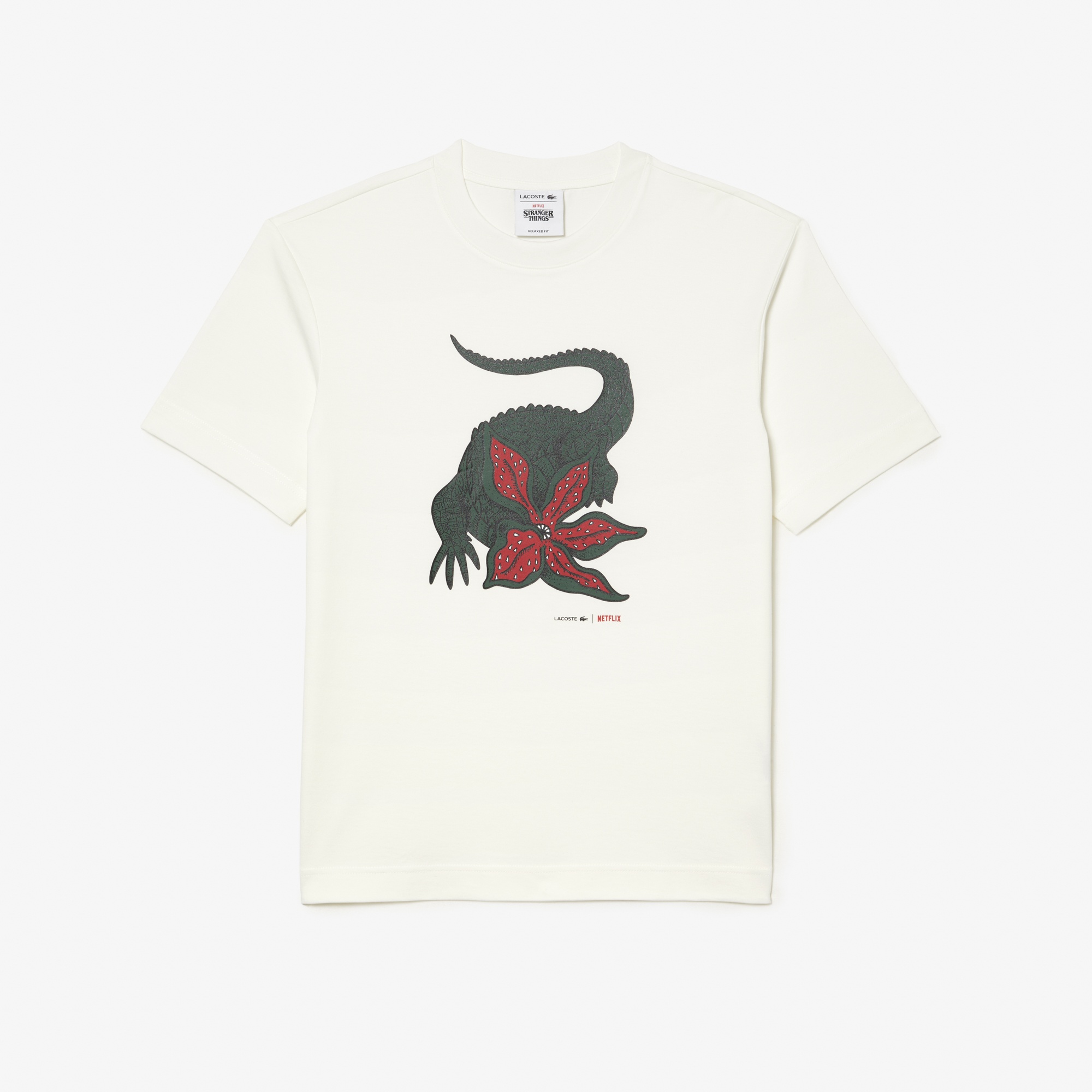 Lacoste x Netflix Erkek Relaxed Fit Bisiklet Yaka Baskılı Beyaz T-Shirt