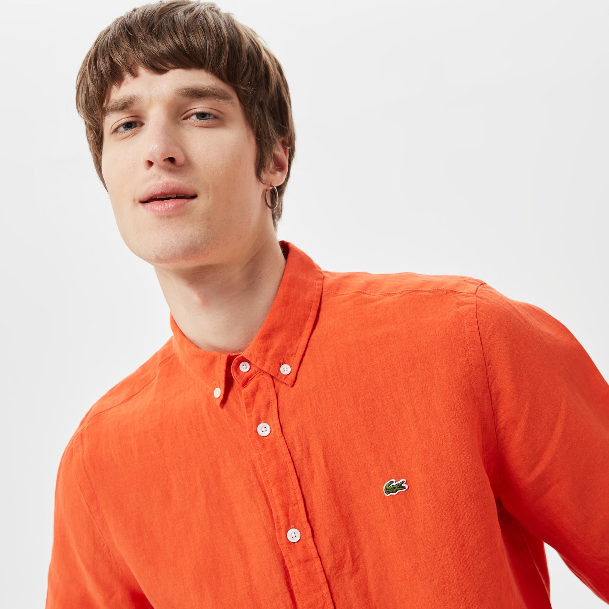 Lacoste Erkek Regular Fit Düğmeli Yaka Keten Turuncu Gömlek