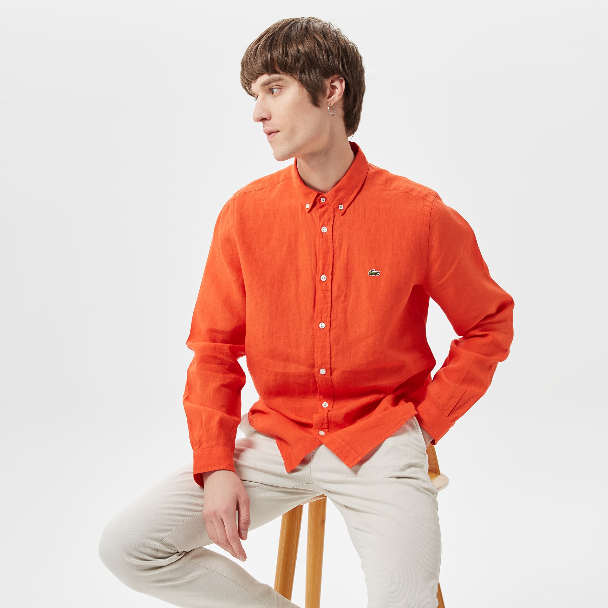Lacoste Erkek Regular Fit Düğmeli Yaka Keten Turuncu Gömlek