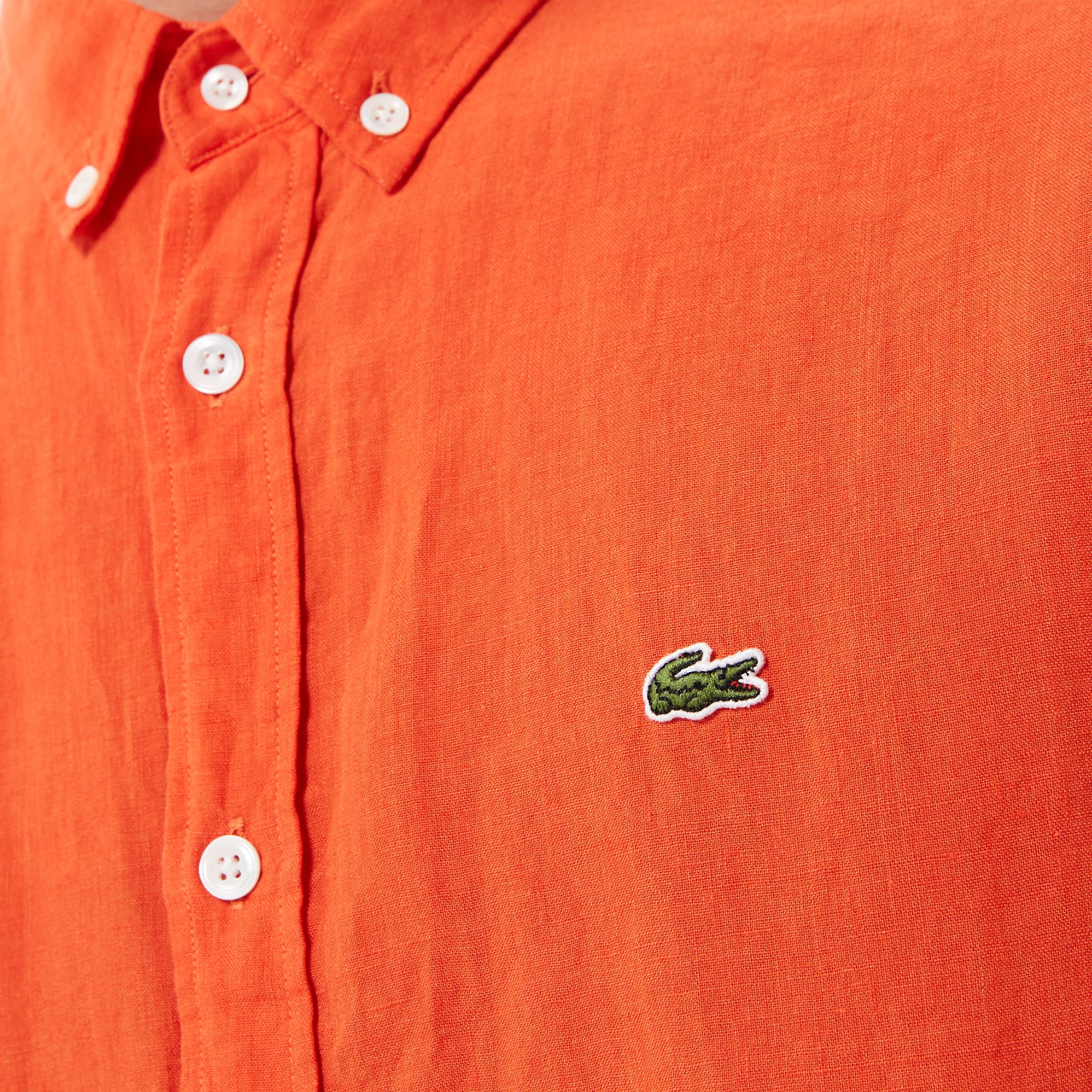 Lacoste Erkek Regular Fit Düğmeli Yaka Keten Turuncu Gömlek