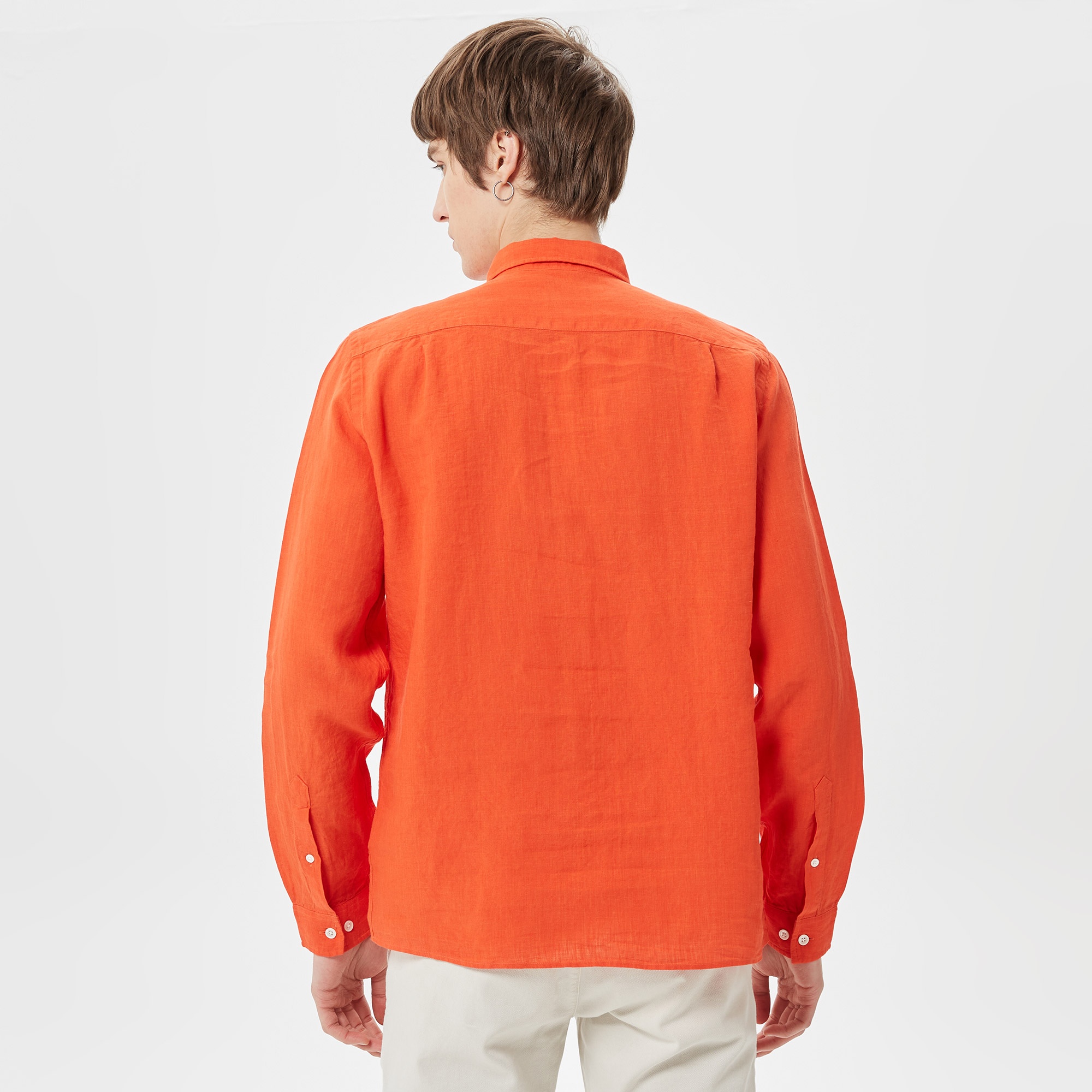 Lacoste Erkek Regular Fit Düğmeli Yaka Keten Turuncu Gömlek