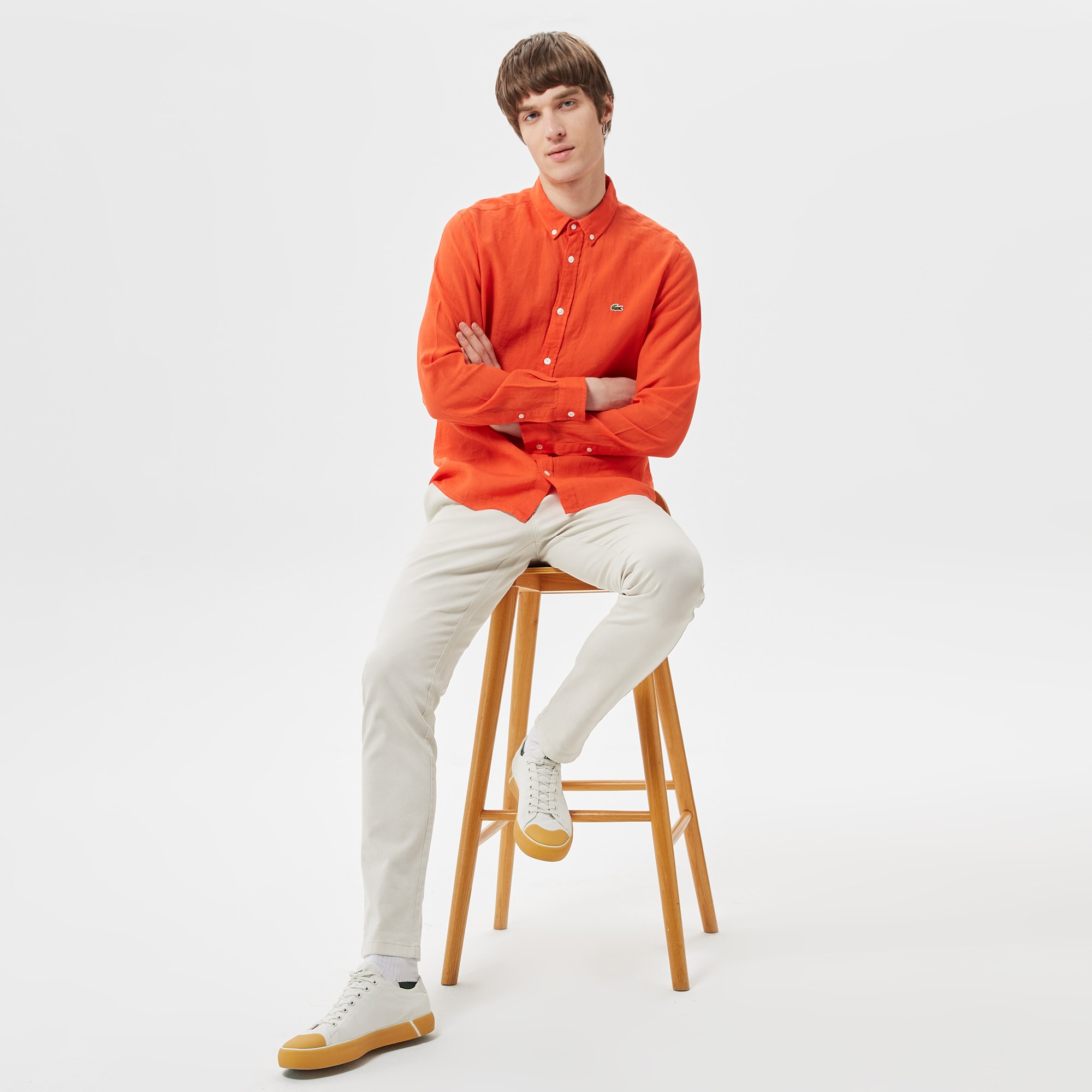 Lacoste Erkek Regular Fit Düğmeli Yaka Keten Turuncu Gömlek