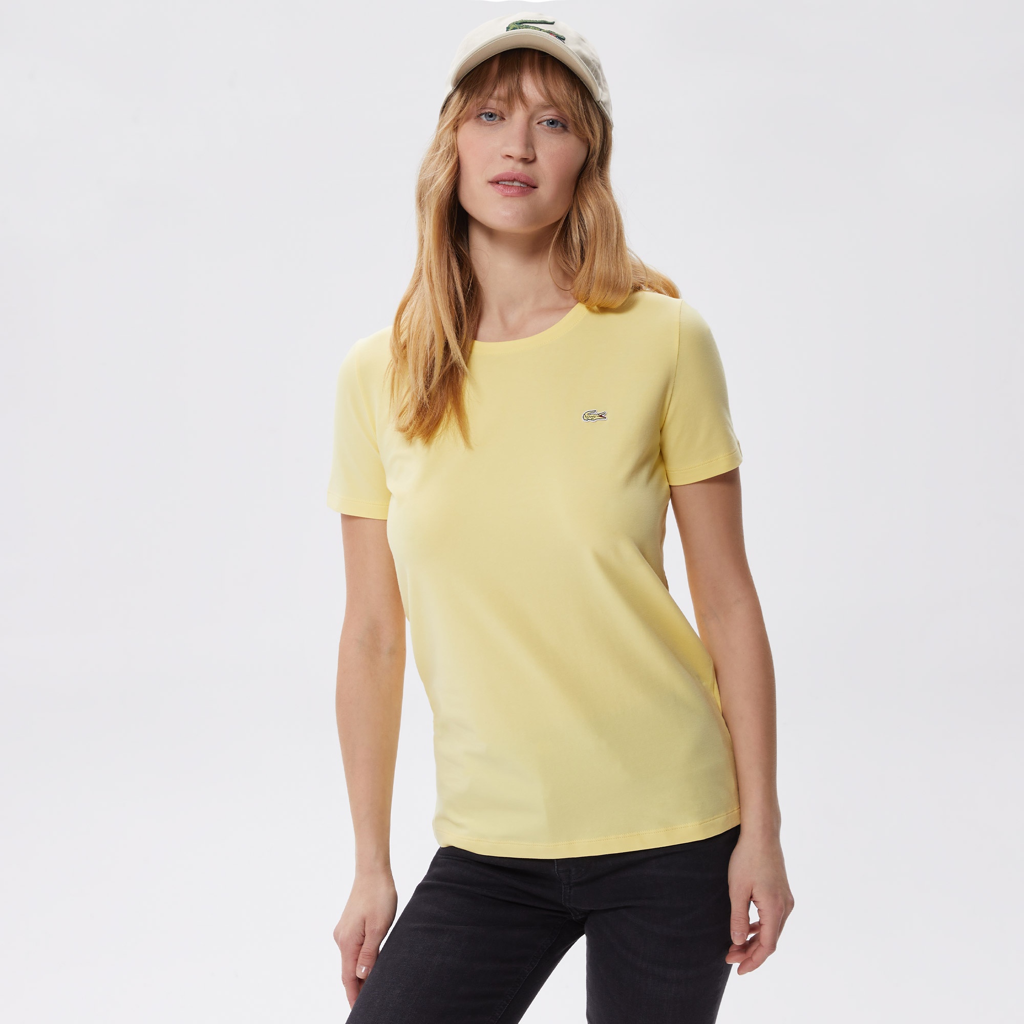 Lacoste Kadın Slim Fit Bisiklet Yaka Sarı T-Shirt