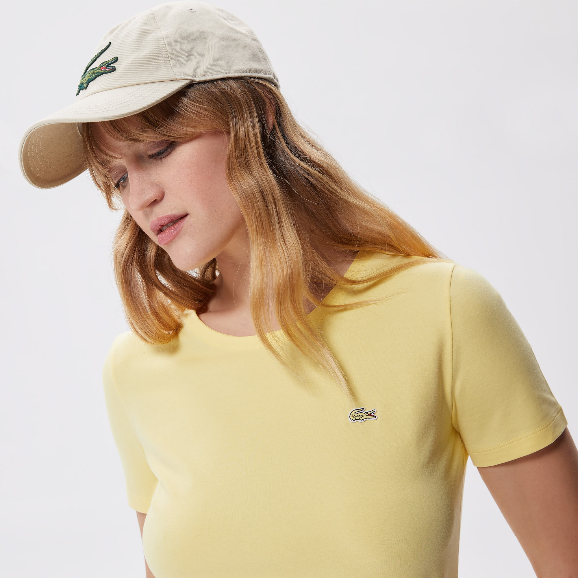 Lacoste Kadın Slim Fit Bisiklet Yaka Sarı T-Shirt