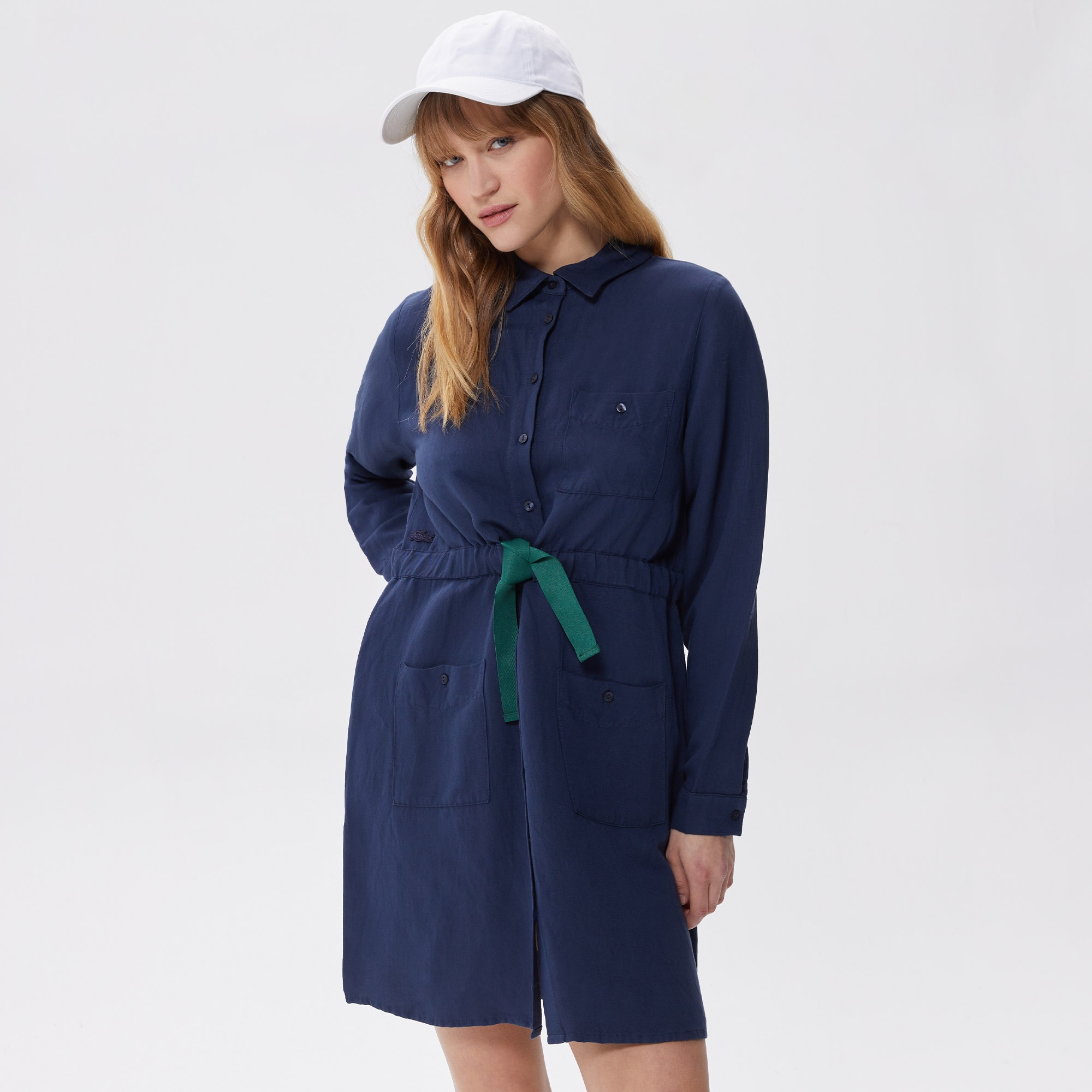 Lacoste Kadın Relaxed Fit Uzun Kollu Gömlek Yaka Lacivert Elbise