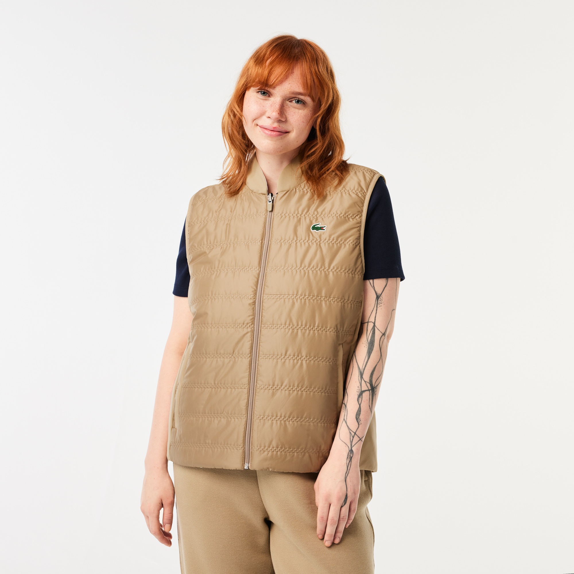 Lacoste Kadın Dik Yaka Çift Yaka Beyaz Yelek