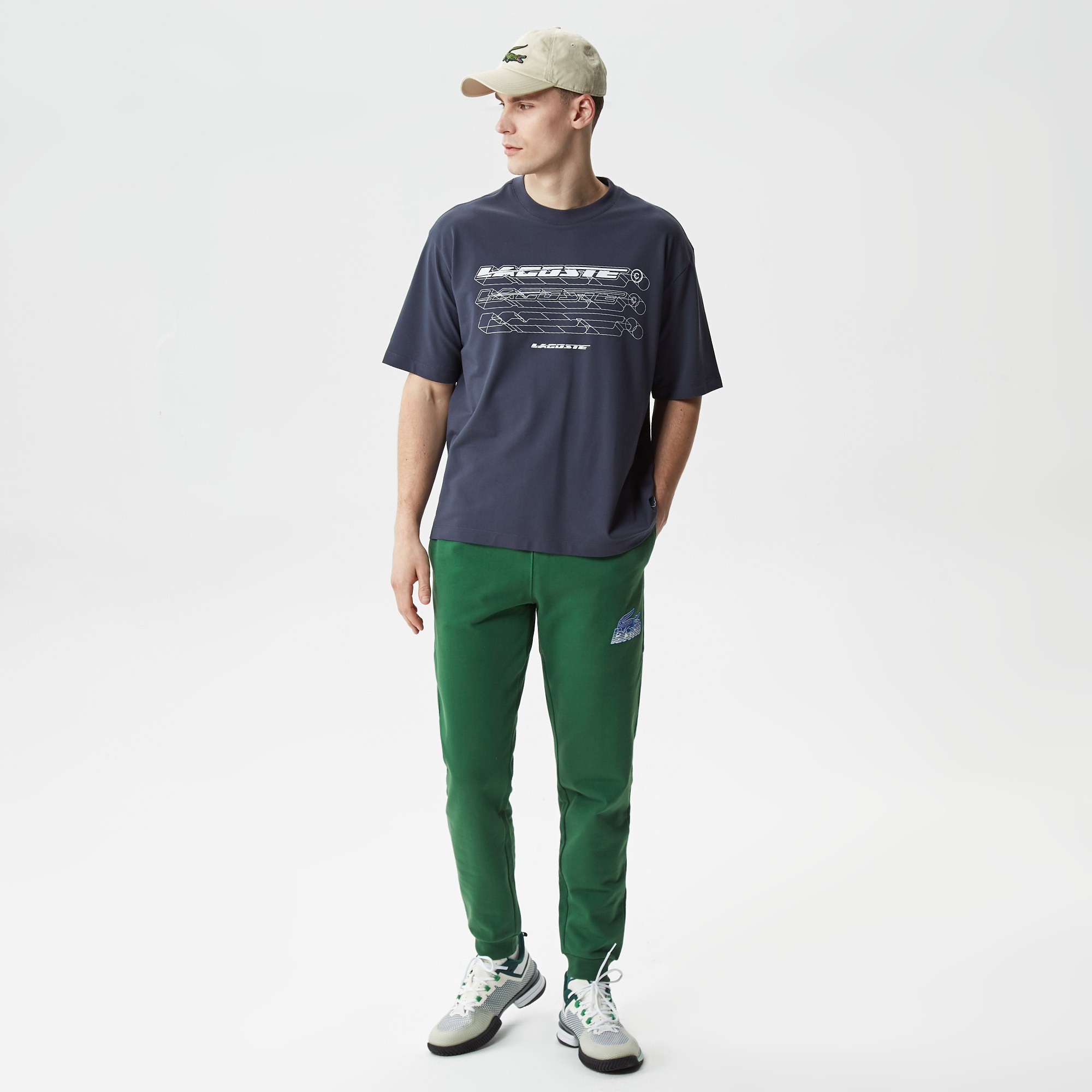 Lacoste Erkek Loose Fit Bisiklet Yaka Organik Pamuk Baskılı Lacivert T-Shirt