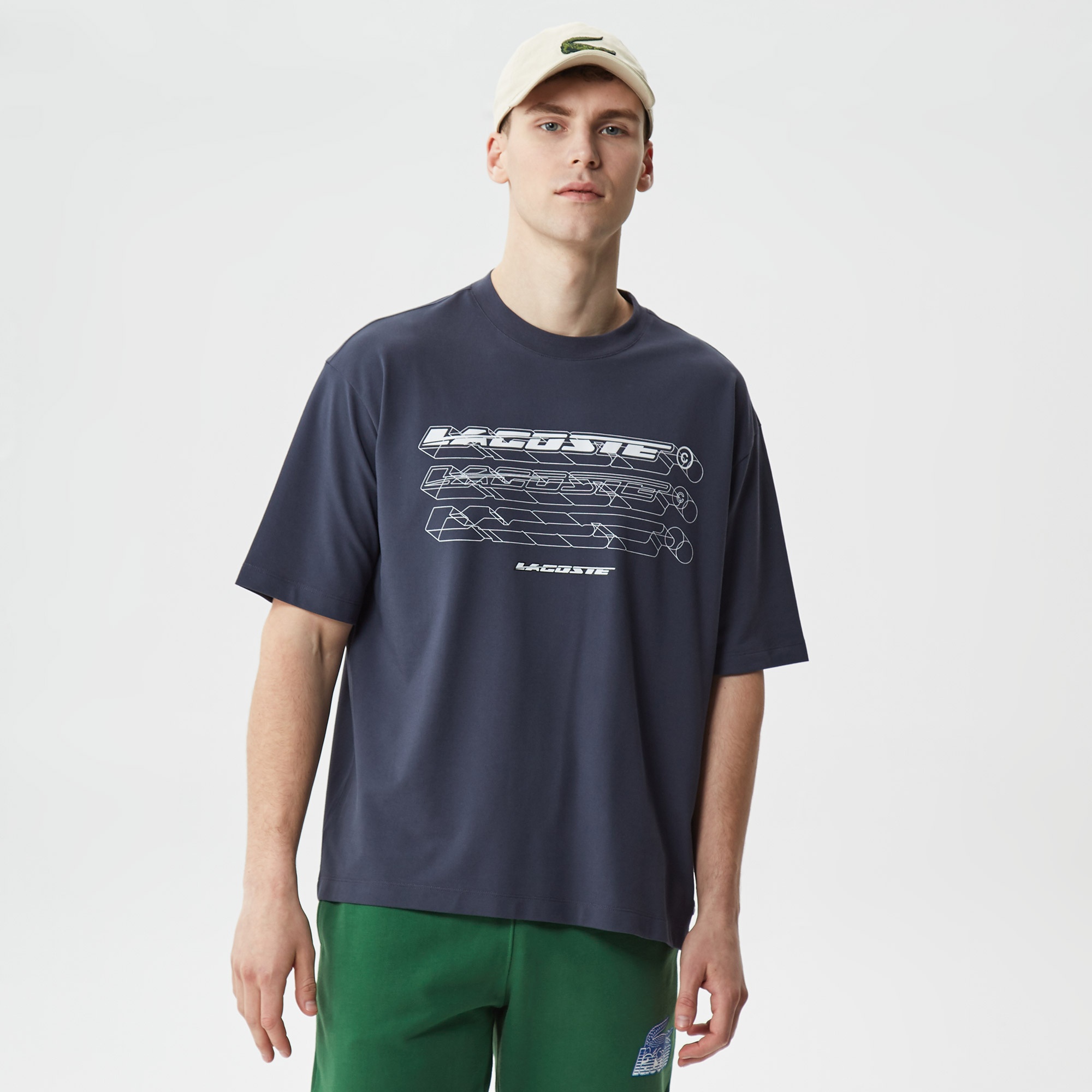 Lacoste Erkek Loose Fit Bisiklet Yaka Organik Pamuk Baskılı Lacivert T-Shirt