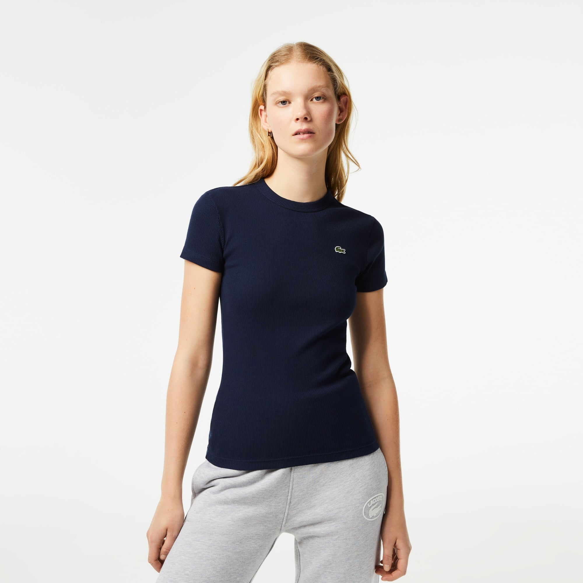 Lacoste Kadın Slim Fit Bisiklet Yaka Organik Pamuk Lacivert T-Shirt