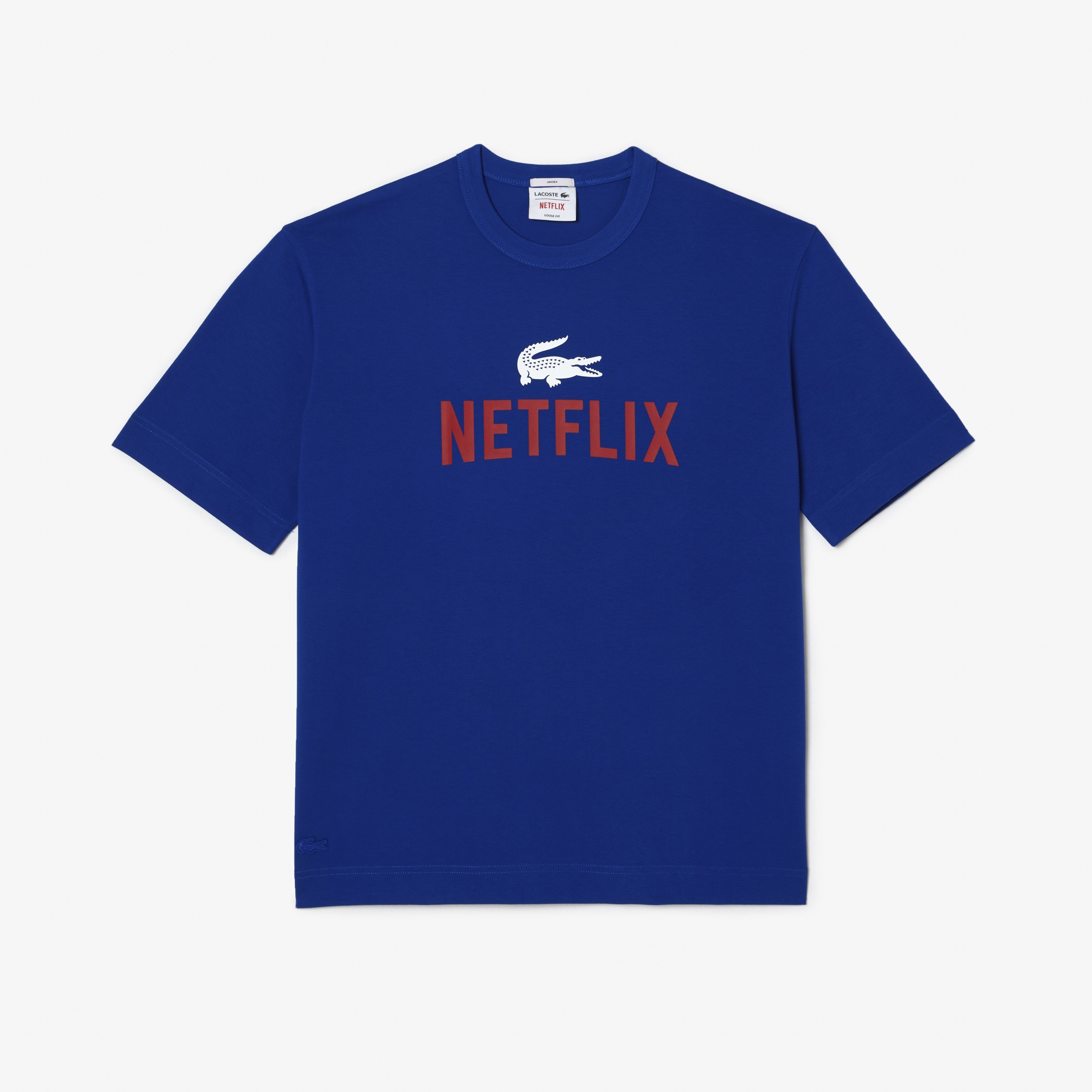 Lacoste x Netflix Unisex Loose Fit Bisiklet Yaka Baskılı Lacivert T-Shirt