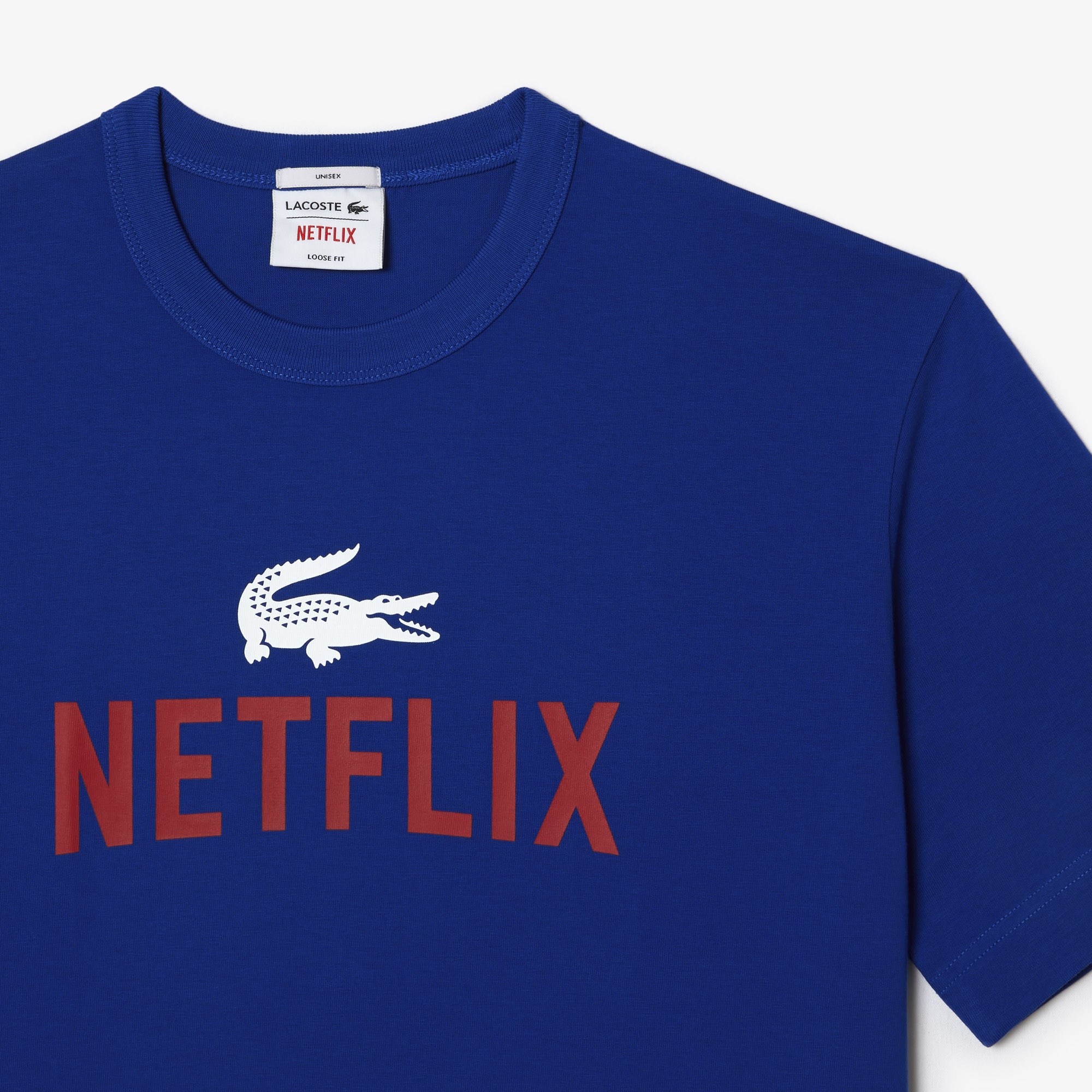 Lacoste x Netflix Unisex Loose Fit Bisiklet Yaka Baskılı Lacivert T-Shirt