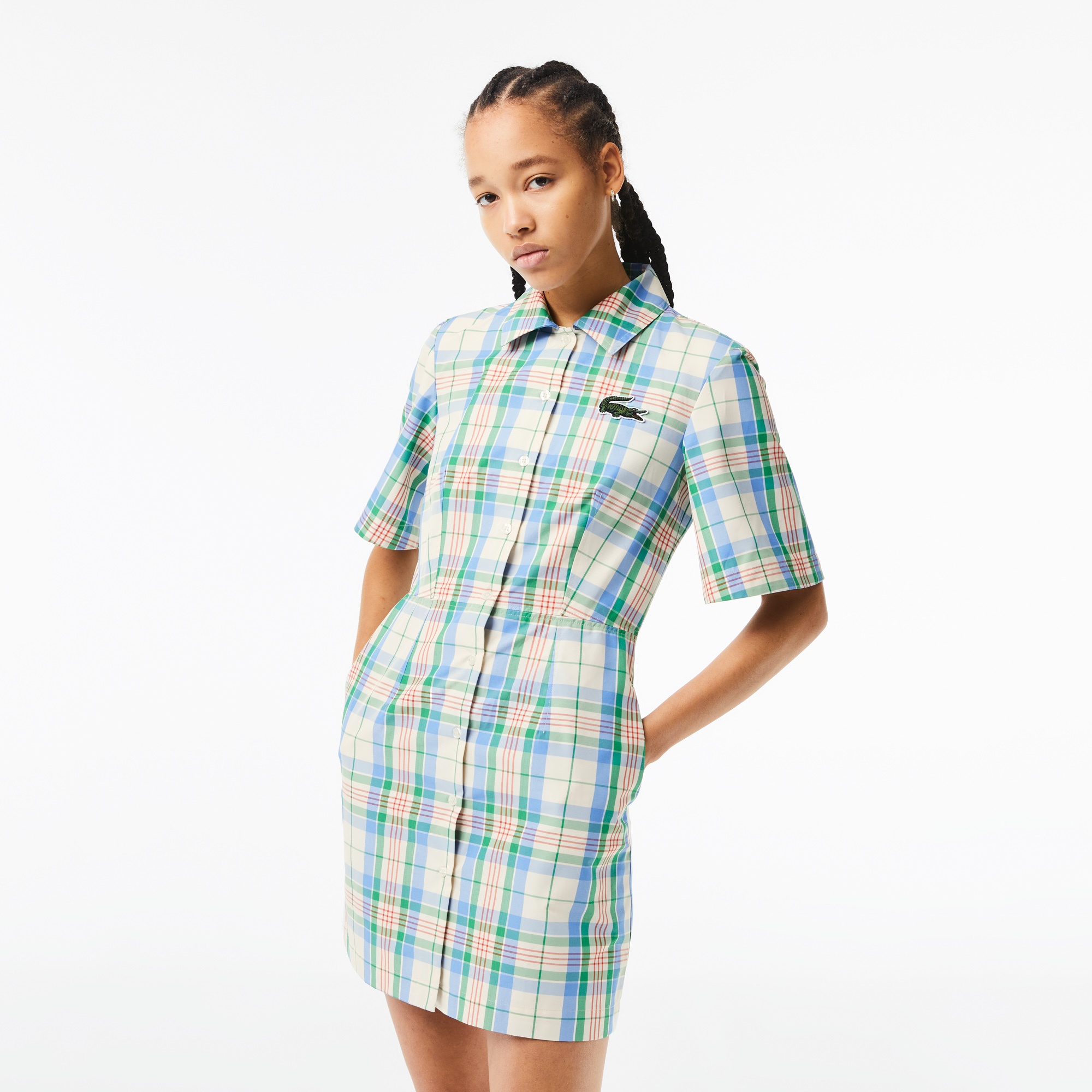 Lacoste Kadın Slim Fit Kısa Kollu Gömlek Yaka Ekose Renkli Elbise