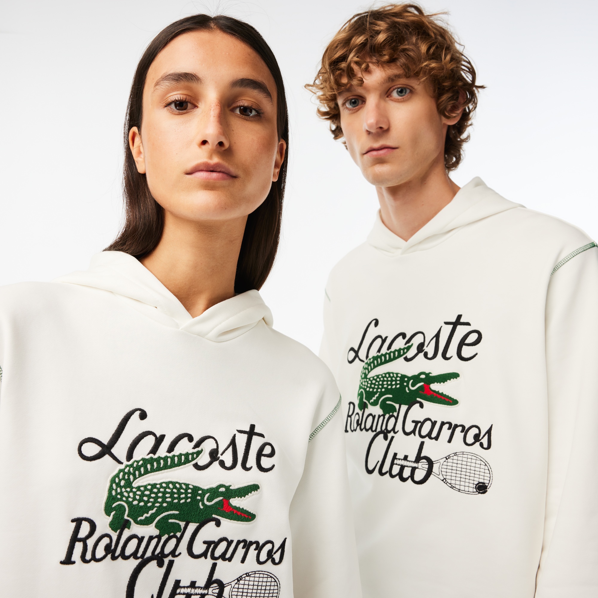 Lacoste Roland Garros Unisex Relaxed Fit Kapüşonlu Baskılı Beyaz Sweatshirt