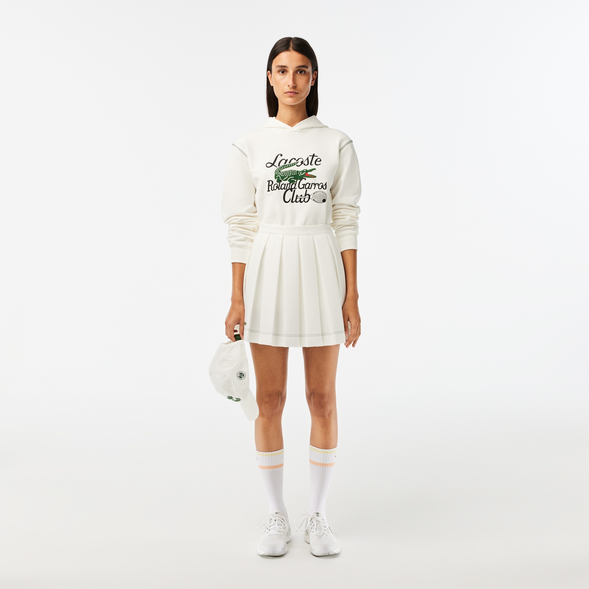 Lacoste Roland Garros Unisex Relaxed Fit Kapüşonlu Baskılı Beyaz Sweatshirt