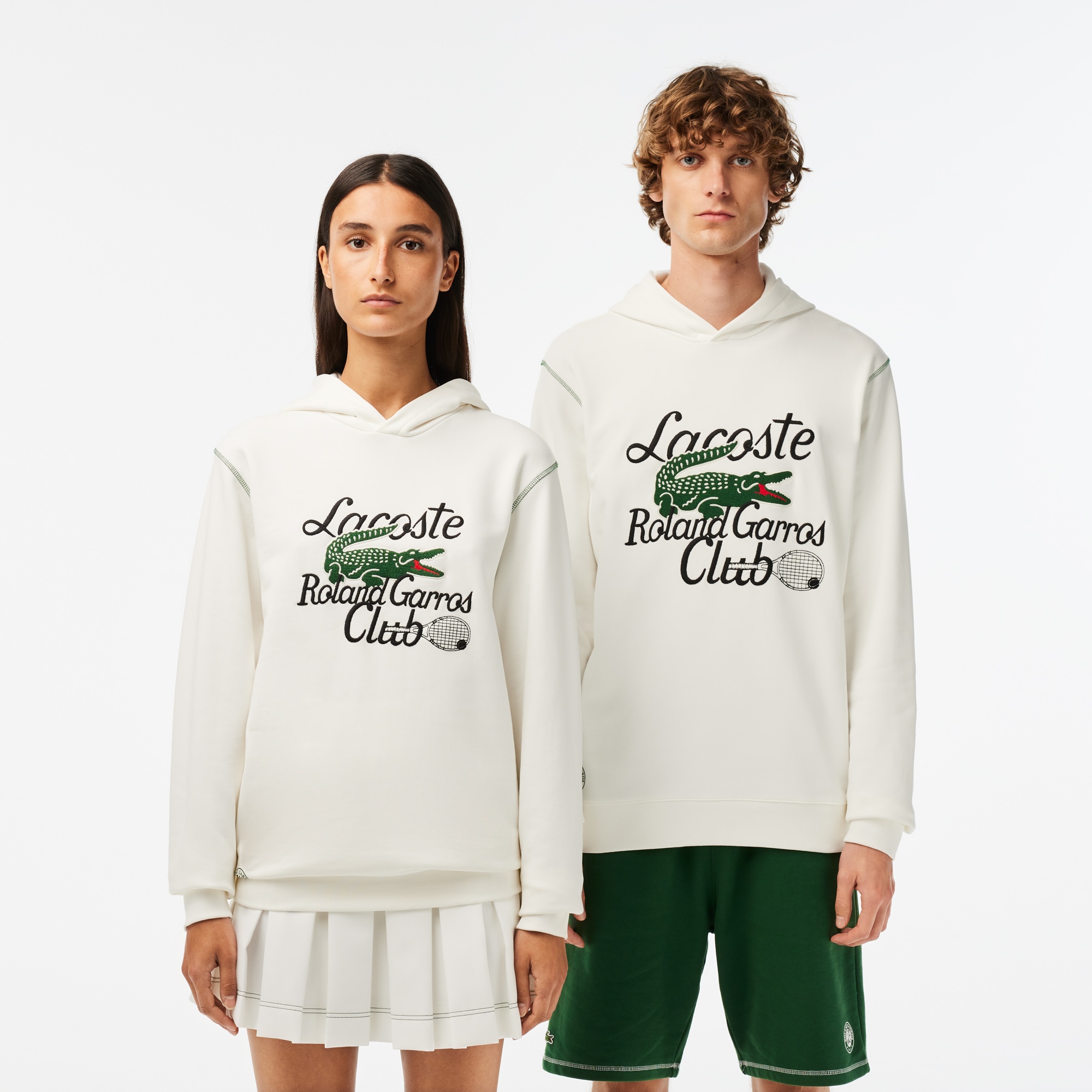 Lacoste Roland Garros Unisex Relaxed Fit Kapüşonlu Baskılı Beyaz Sweatshirt