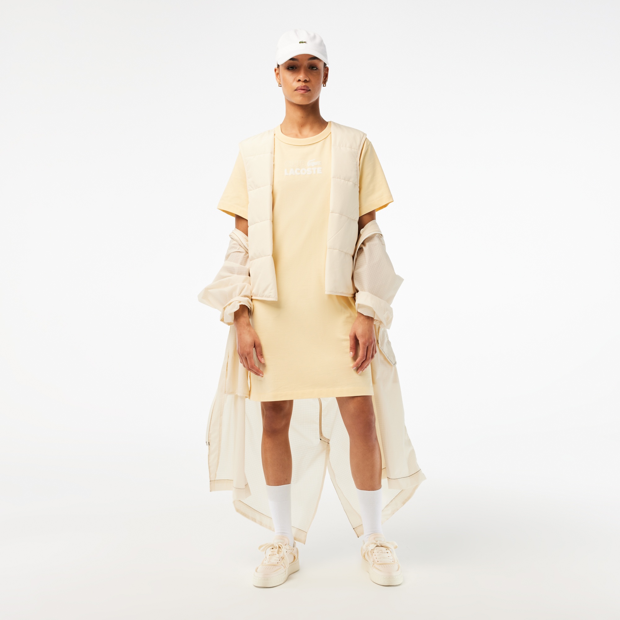Lacoste Kadın Oversize Kısa Kollu Bisiklet Yaka Organik Pamuk Baskılı Sarı Elbise
