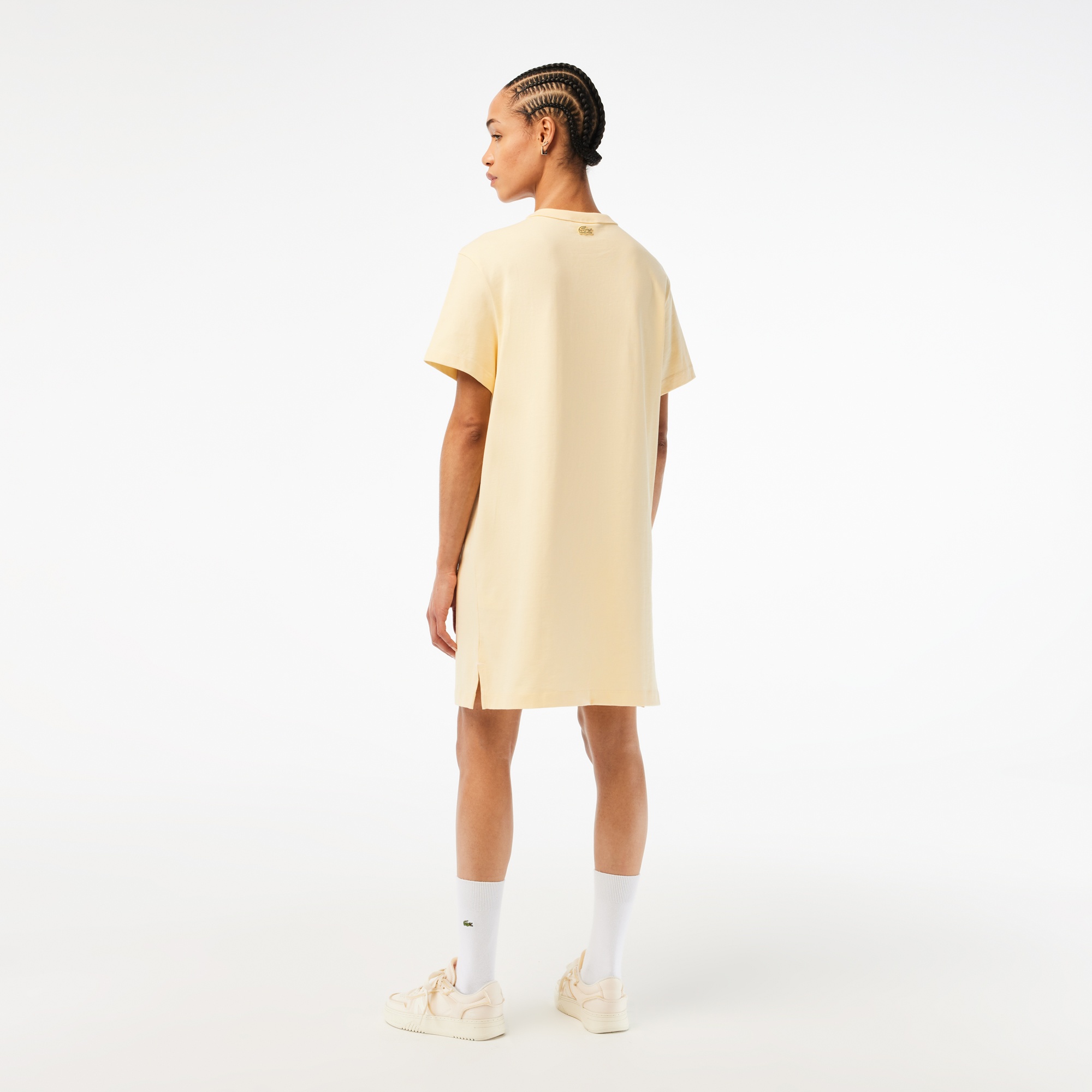 Lacoste Kadın Oversize Kısa Kollu Bisiklet Yaka Organik Pamuk Baskılı Sarı Elbise