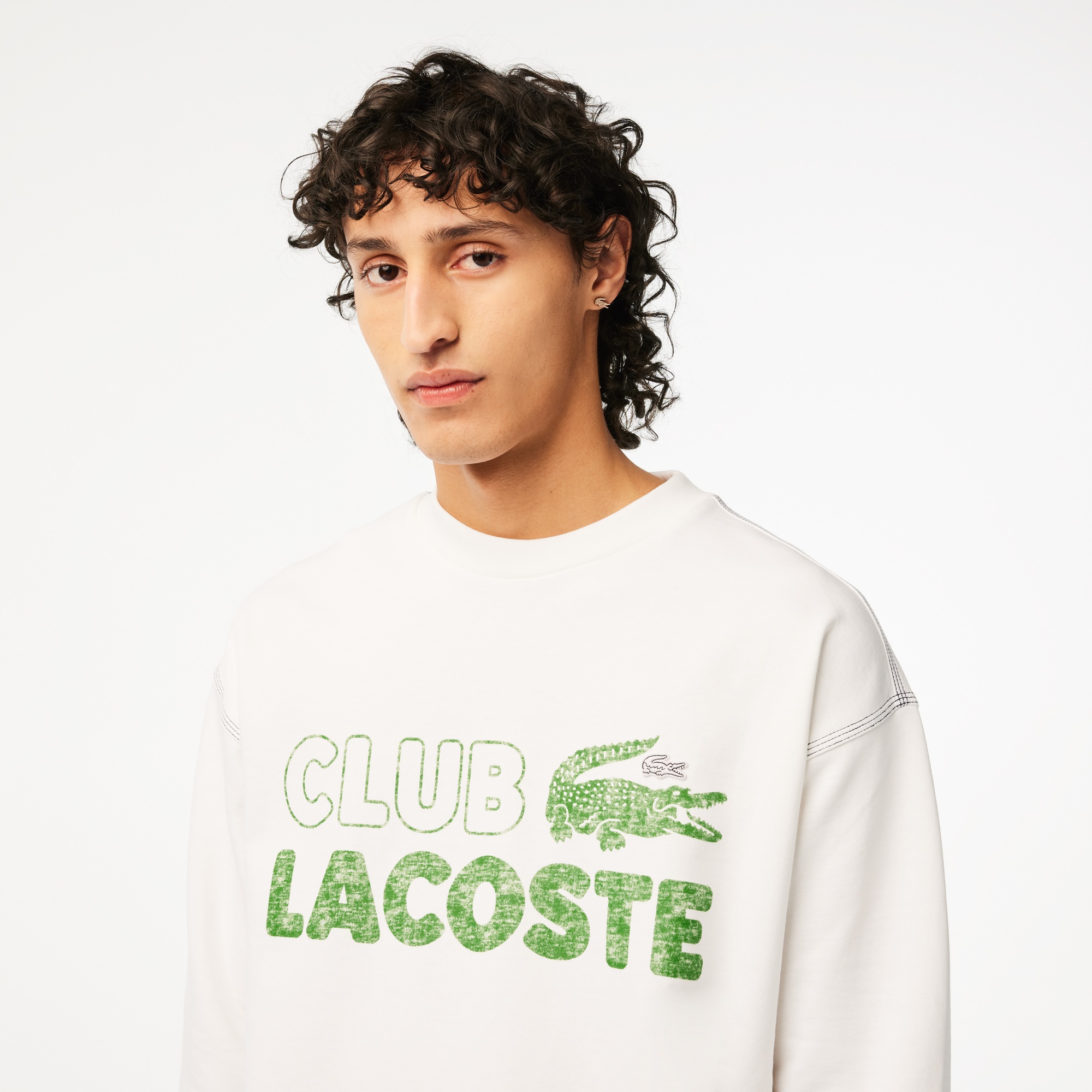 Lacoste Erkek Loose Fit Bisiklet Yaka Organik Pamuk Baskılı Beyaz Sweatshirt