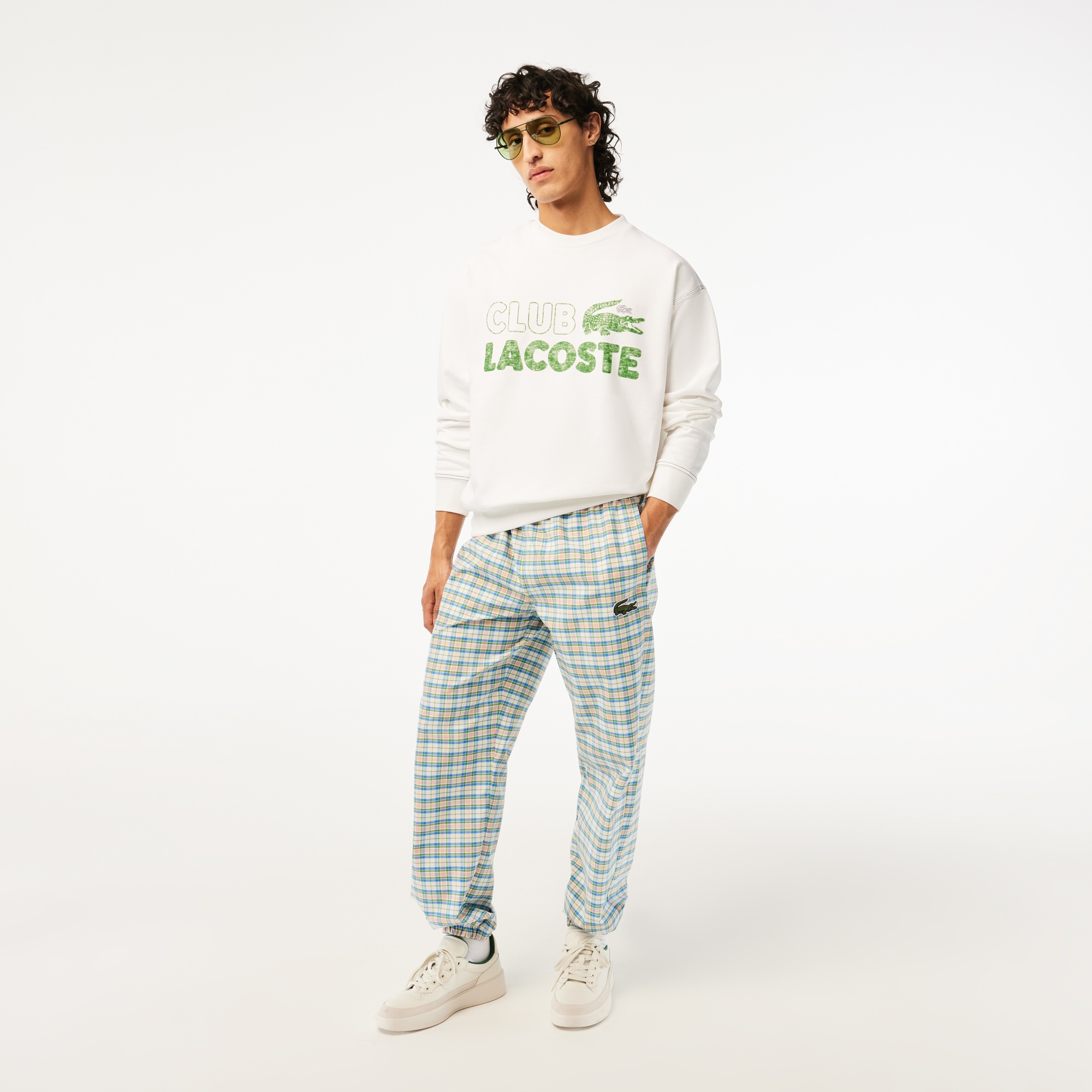 Lacoste Erkek Loose Fit Bisiklet Yaka Organik Pamuk Baskılı Beyaz Sweatshirt