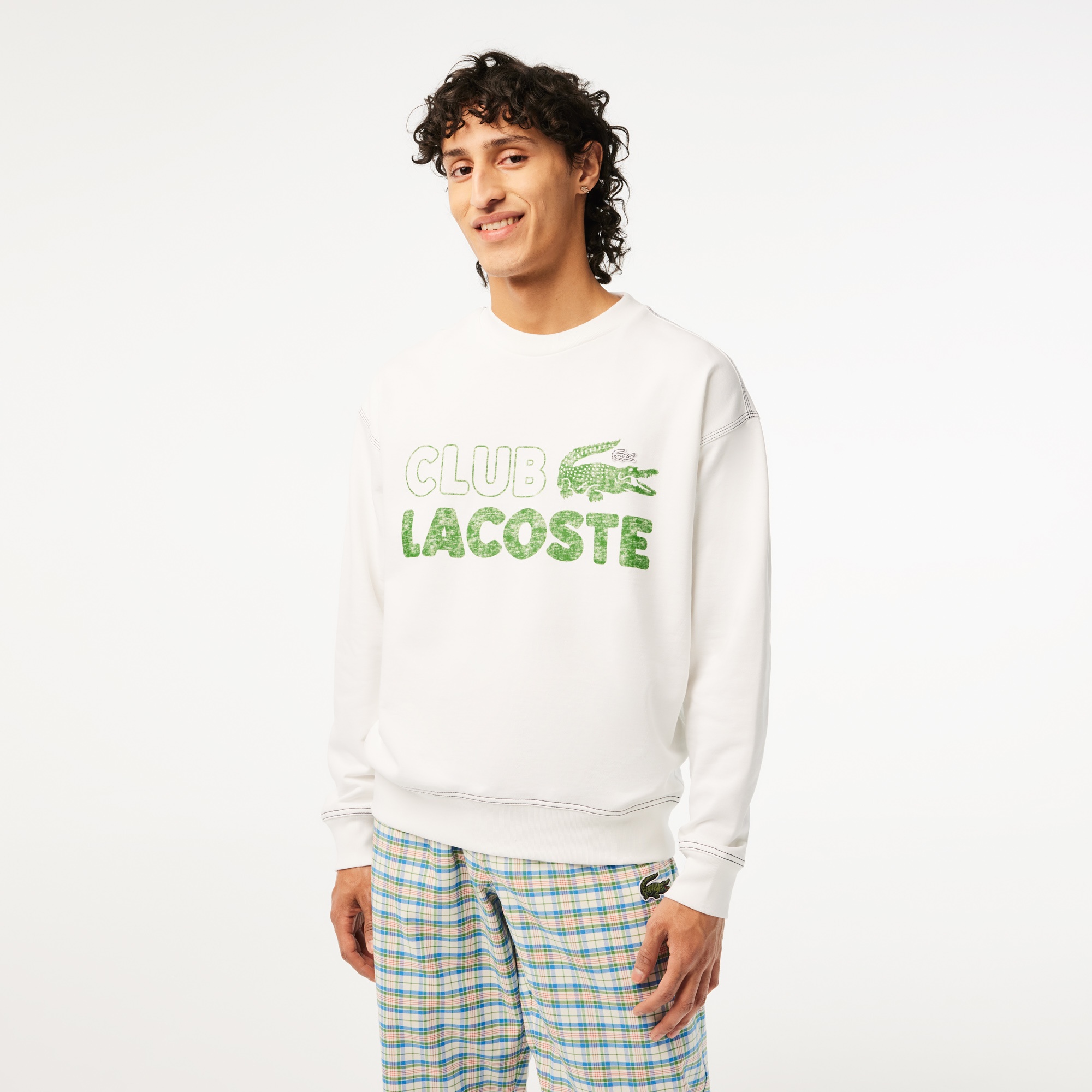 Lacoste Erkek Loose Fit Bisiklet Yaka Organik Pamuk Baskılı Beyaz Sweatshirt