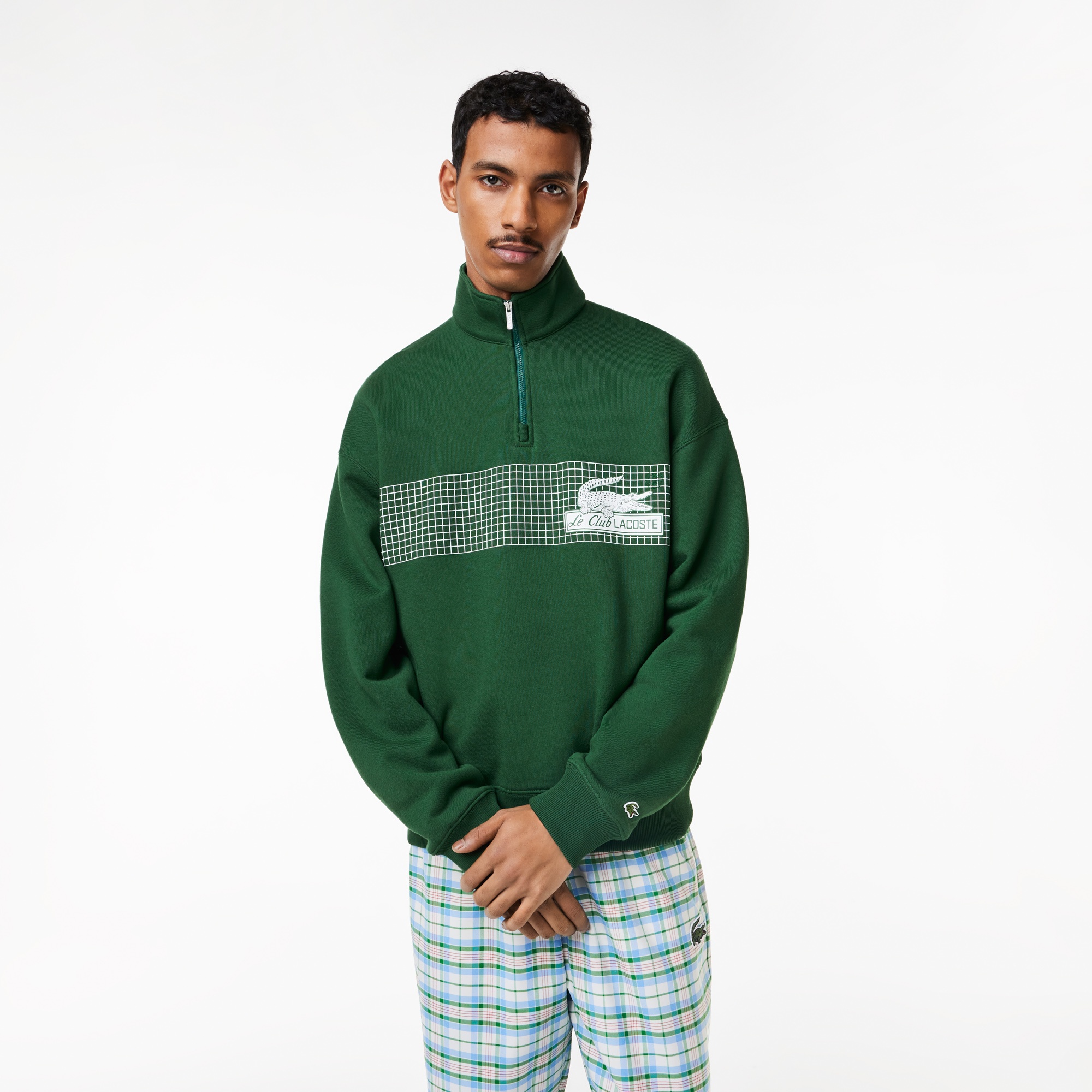 Lacoste Erkek Loose Fit Yarım Fermuarlı Organik Pamuk Baskılı Yeşil Sweatshirt