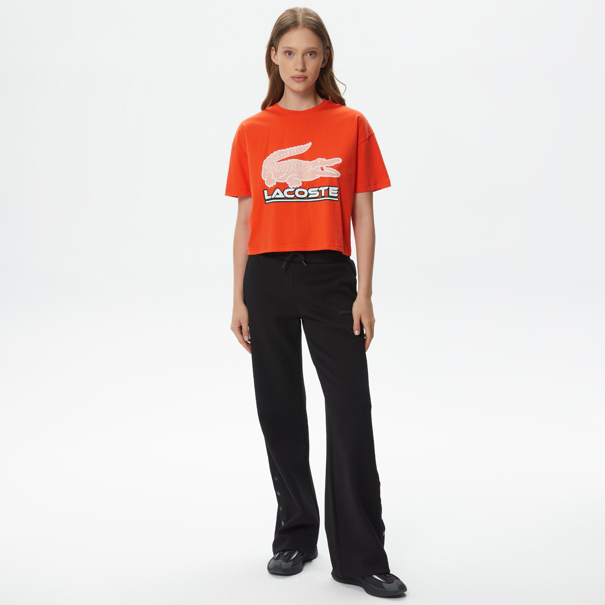 Lacoste Kadın Crop Fit Bisiklet Yaka Baskılı Turuncu T-Shirt
