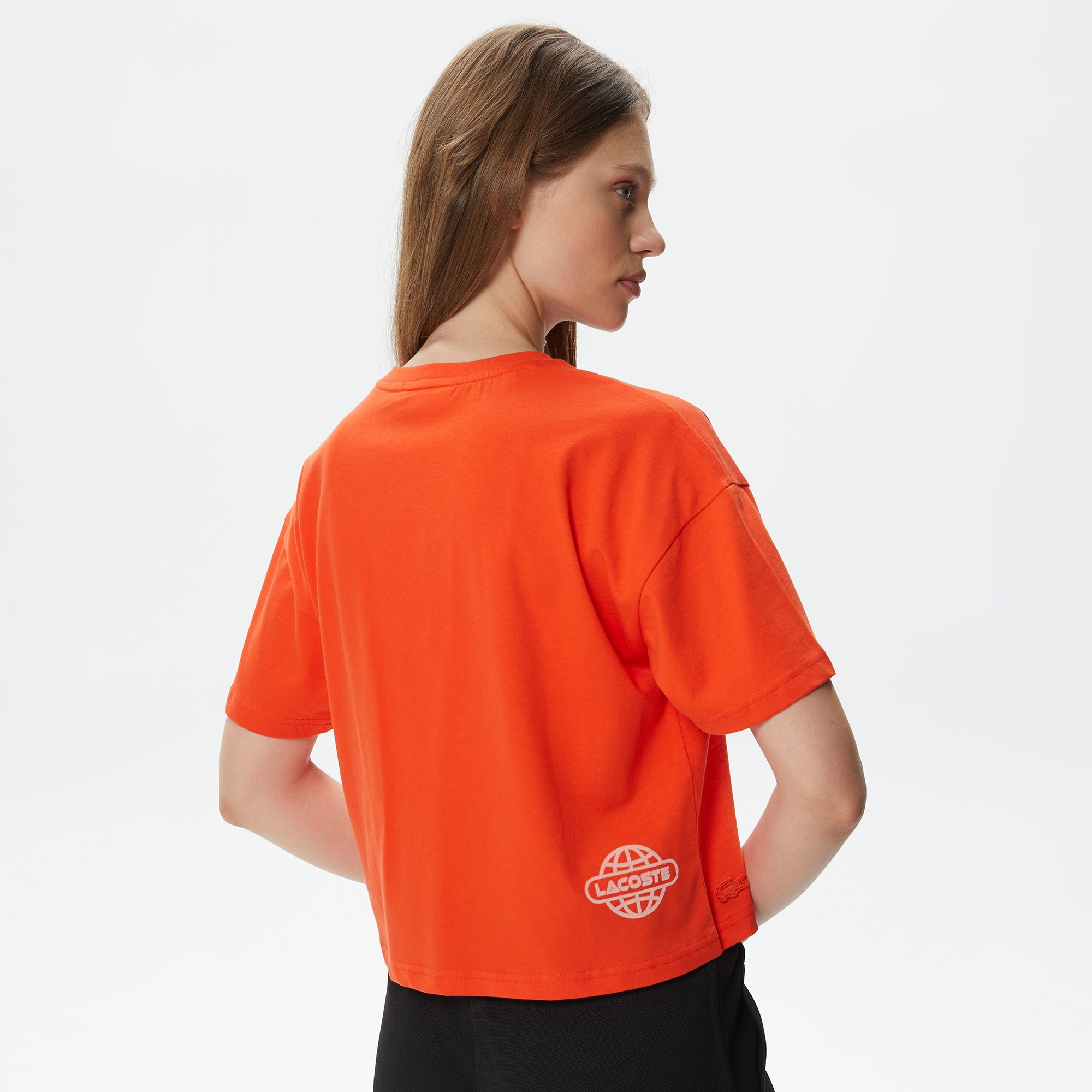 Lacoste Kadın Crop Fit Bisiklet Yaka Baskılı Turuncu T-Shirt