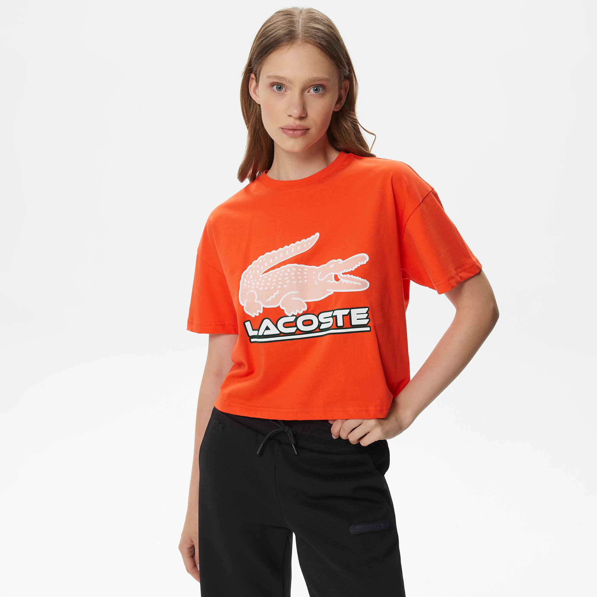 Lacoste Kadın Crop Fit Bisiklet Yaka Baskılı Turuncu T-Shirt