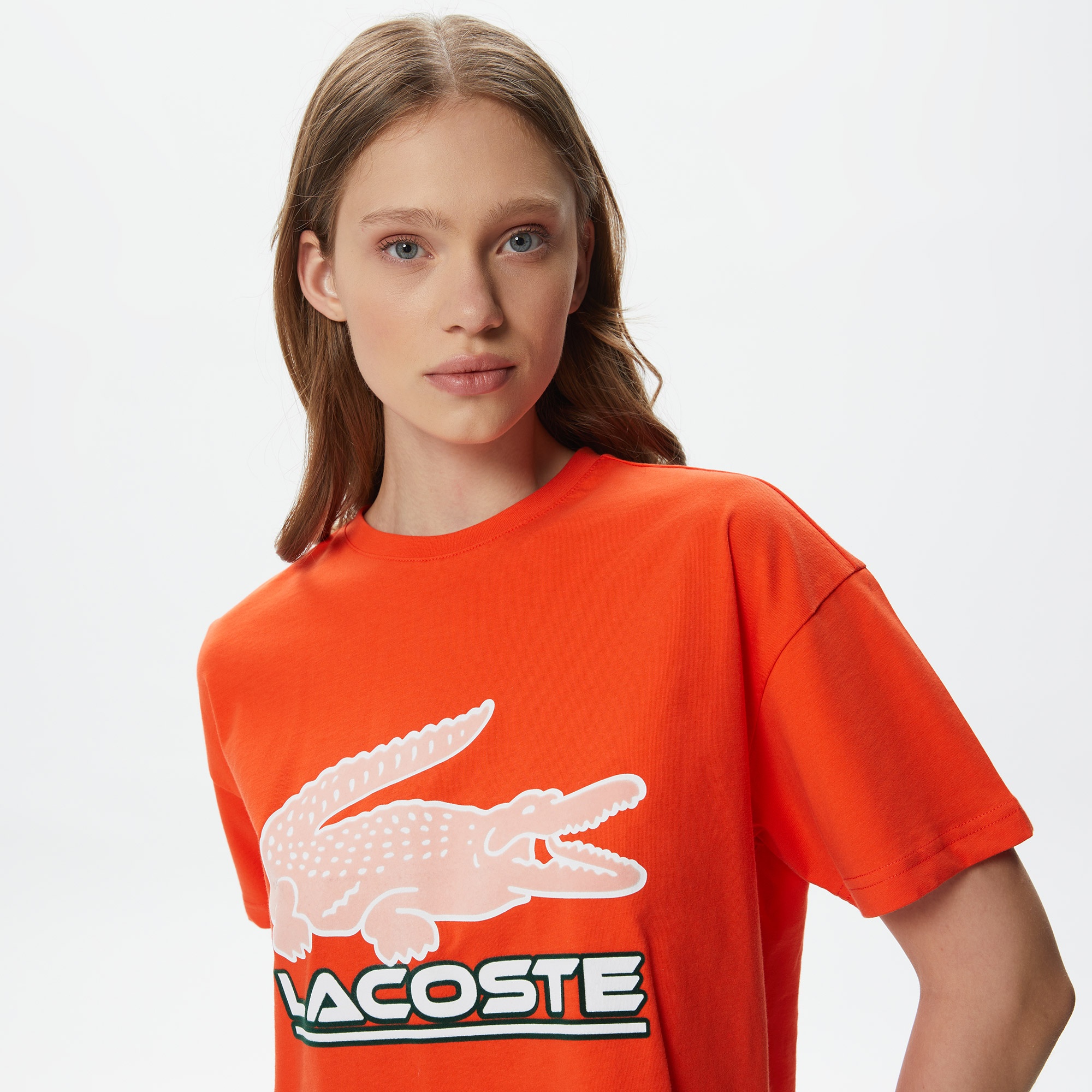 Lacoste Kadın Crop Fit Bisiklet Yaka Baskılı Turuncu T-Shirt