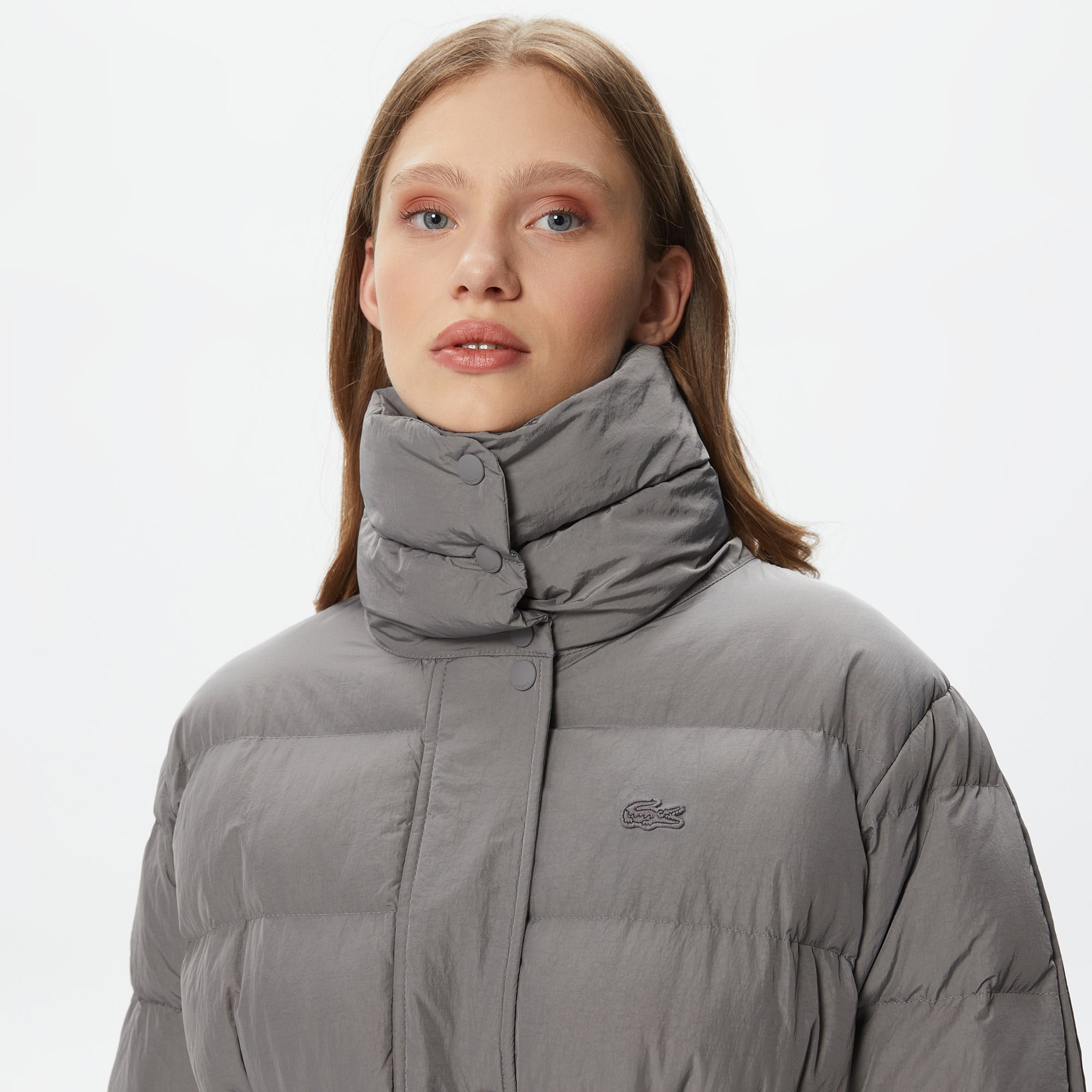 Lacoste Kadın Dik Yaka Kapitone Gri Mont