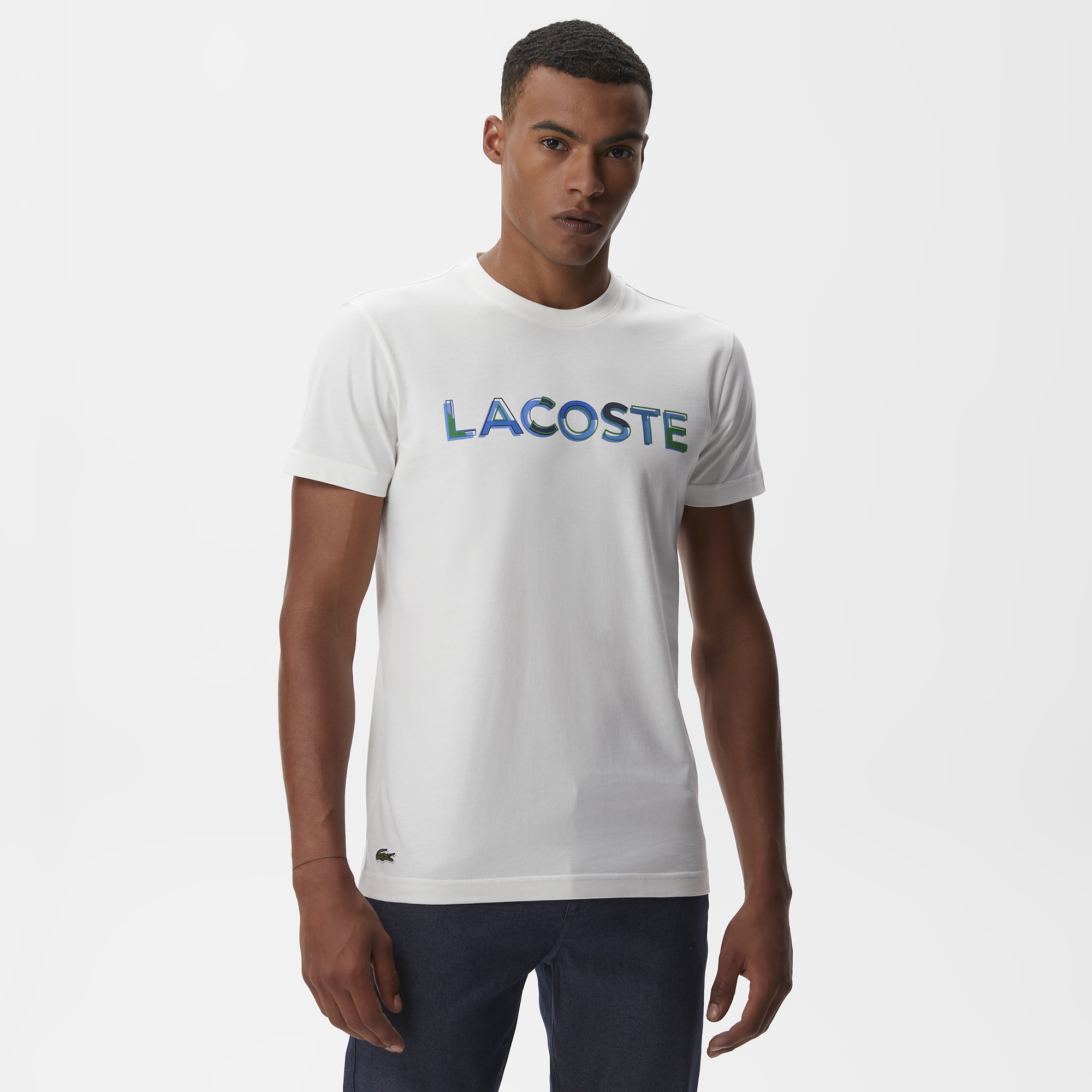 Lacoste Erkek Regular Fit Bisiklet Yaka Baskılı Ekru T-Shirt
