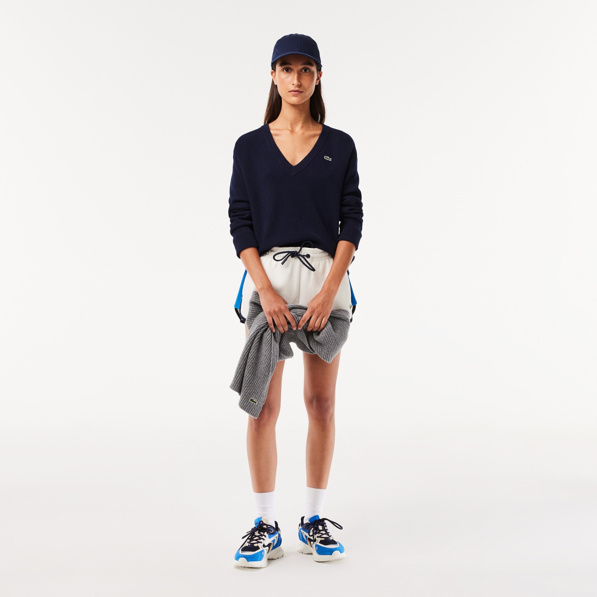 Lacoste Kadın Relaxed Fit V Yaka Yün Lacivert Triko