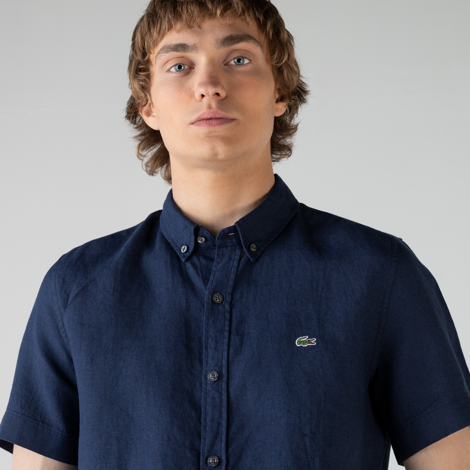 Lacoste Erkek Slim Fit Kısa Kollu Keten Lacivert Gömlek