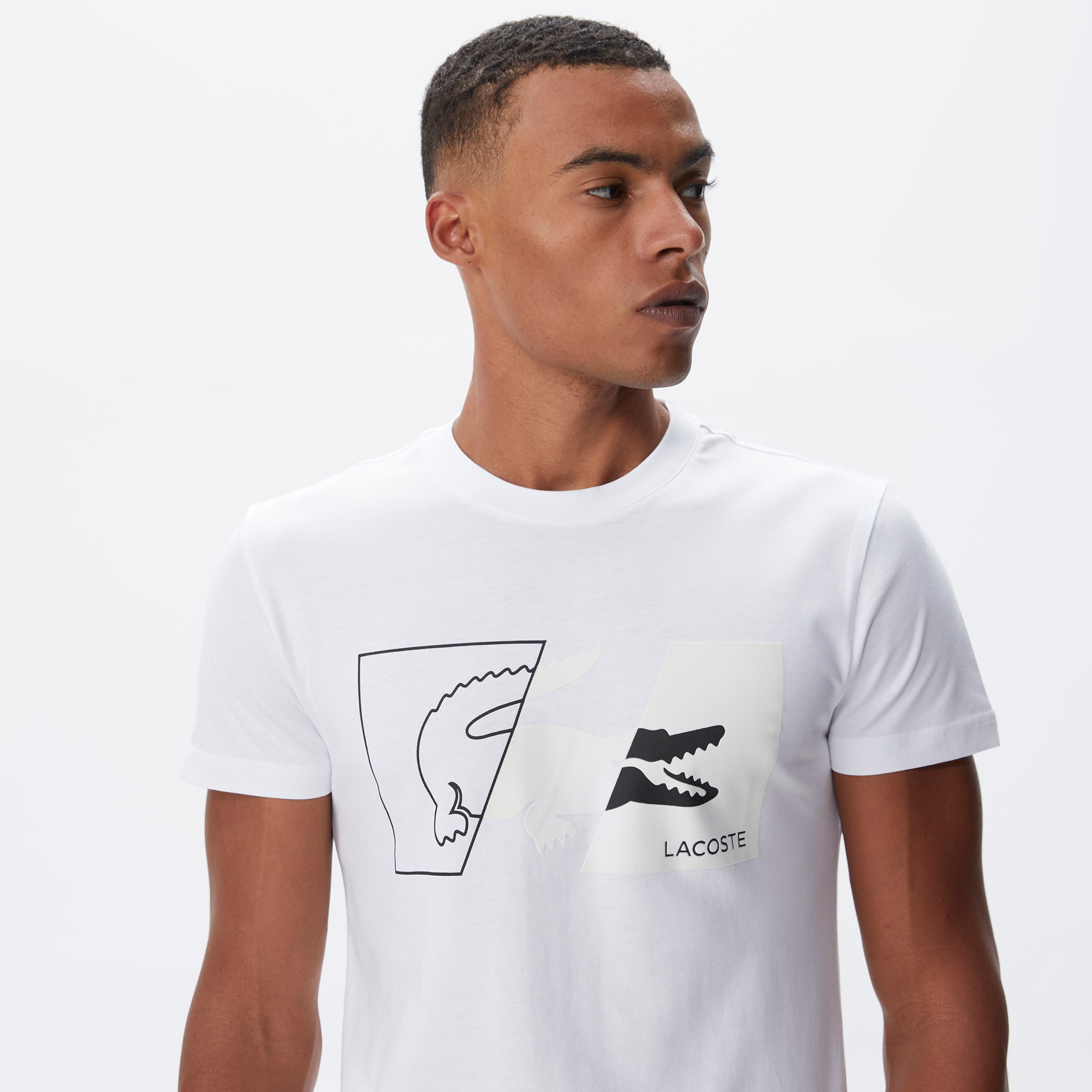 Lacoste Erkek Slim Fit Bisiklet Yaka Baskılı Beyaz T-Shirt