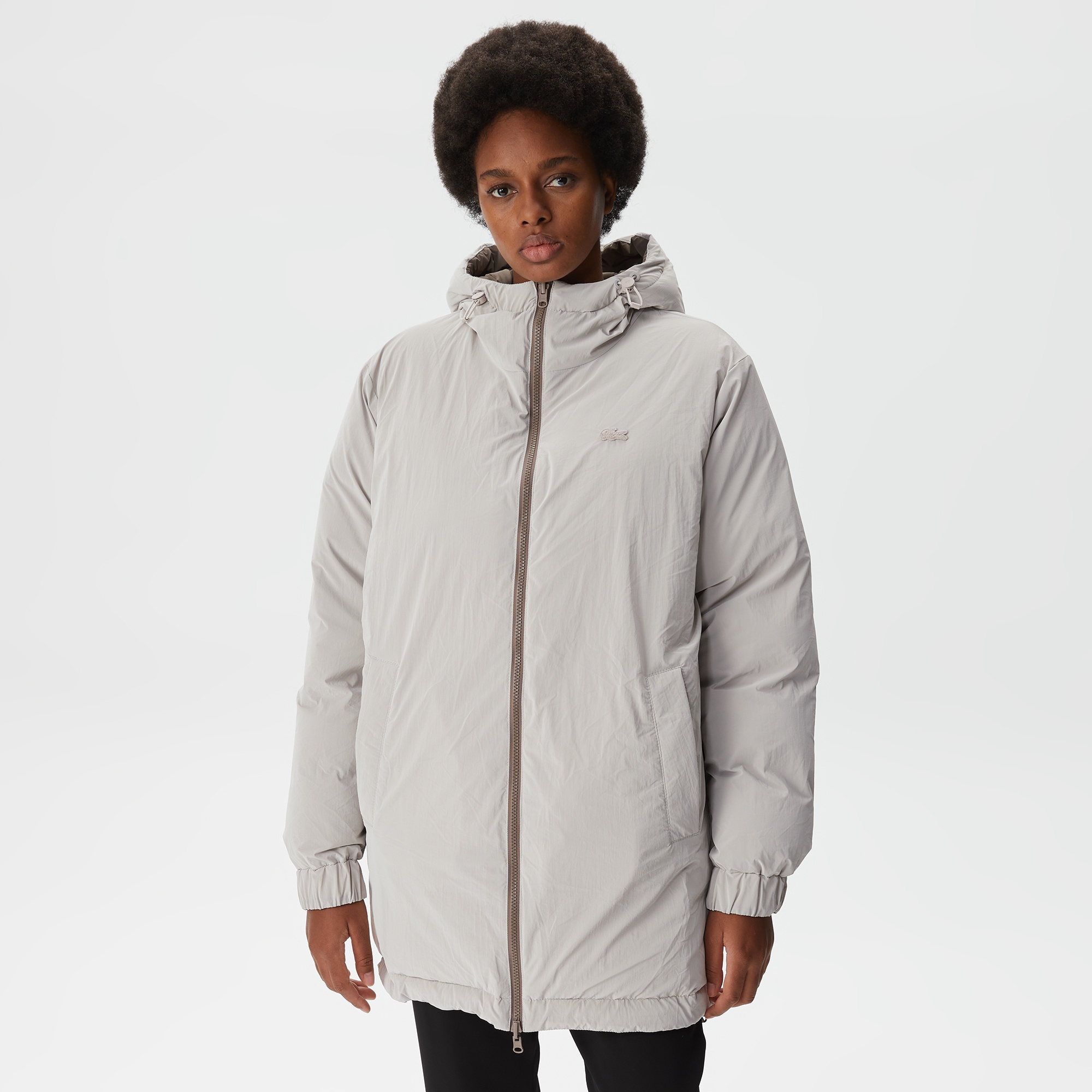 Lacoste Kadın Kapüşonlu Çift Taraflı Beyaz Mont